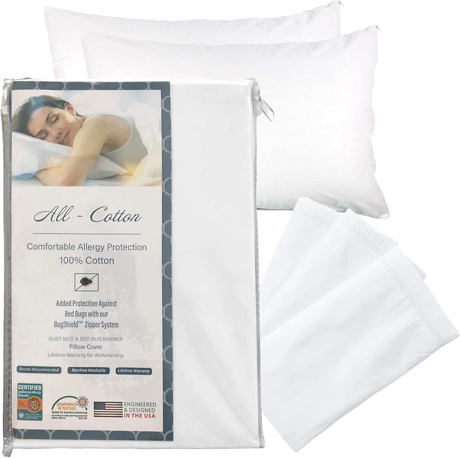 National Allergy Premium 100% Cotton Zippered Pillow Protector - Queen Size - White - 2 Pack - 300 Thread Count - Hypoallergenic Bed Pillowcase with Zipper - Breathable Encasement Cover