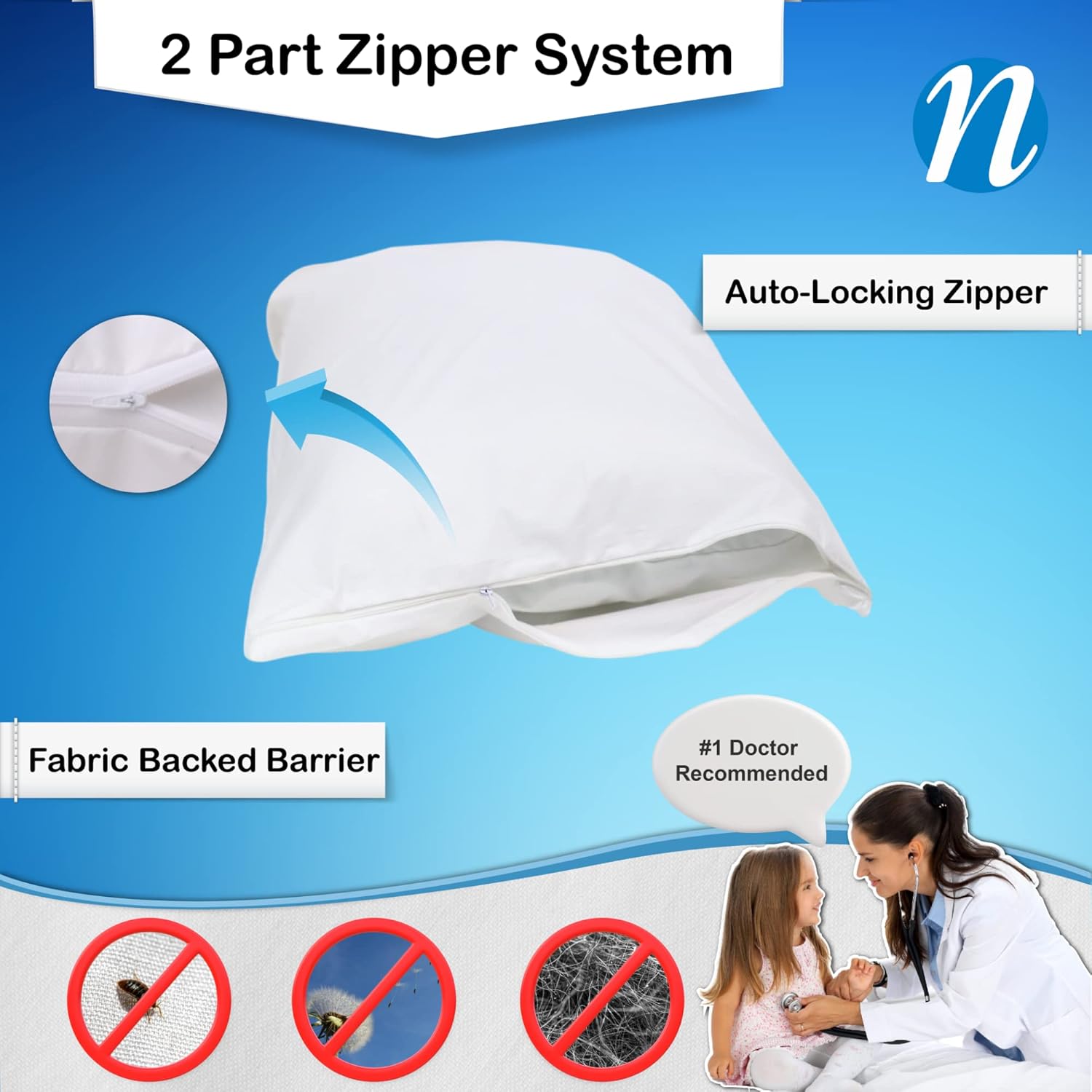 National Allergy Premium 100% Cotton Zippered Pillow Protector - Queen Size - White - 2 Pack - 300 Thread Count - Hypoallergenic Bed Pillowcase with Zipper - Breathable Encasement Cover - Image 2