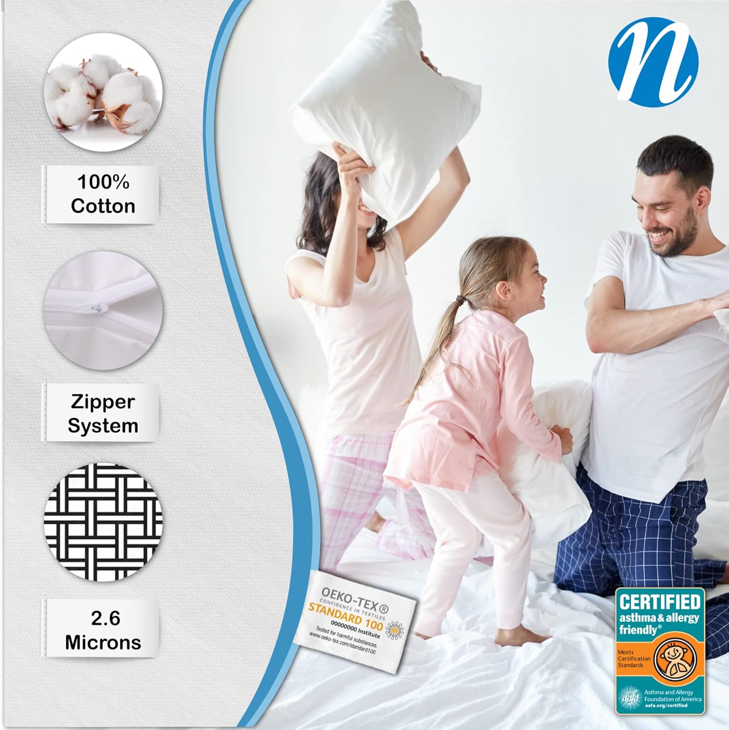 National Allergy Premium 100% Cotton Zippered Pillow Protector - Queen Size - White - 2 Pack - 300 Thread Count - Hypoallergenic Bed Pillowcase with Zipper - Breathable Encasement Cover - Image 3