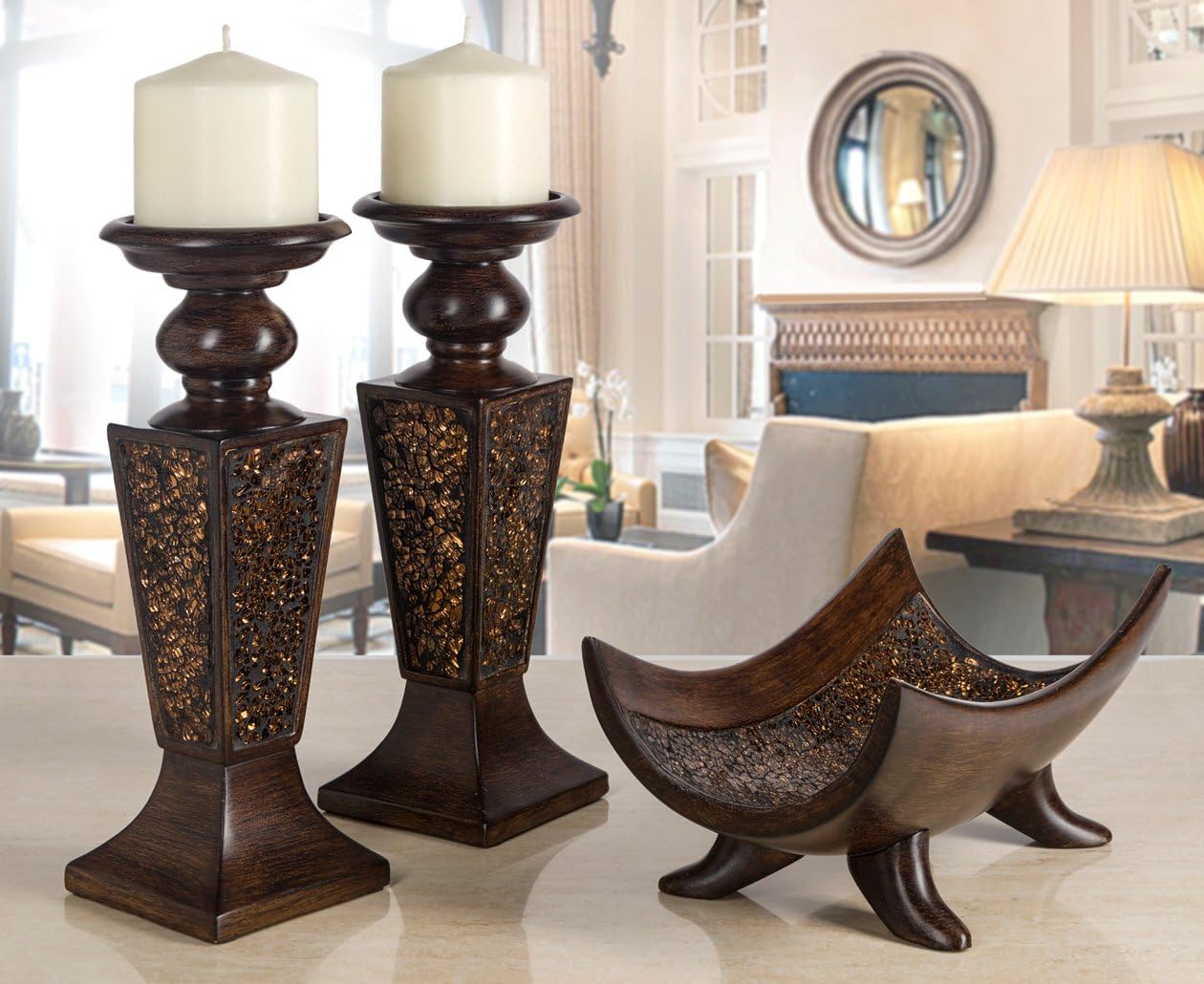 Creative Scents Schonwerk Brown Pillar Candle Holder Set of 2- Crackled Mosaic Design- Functional Table Decorations- Centerpieces for Dining/Living Room- Best Wedding Gift - Image 2