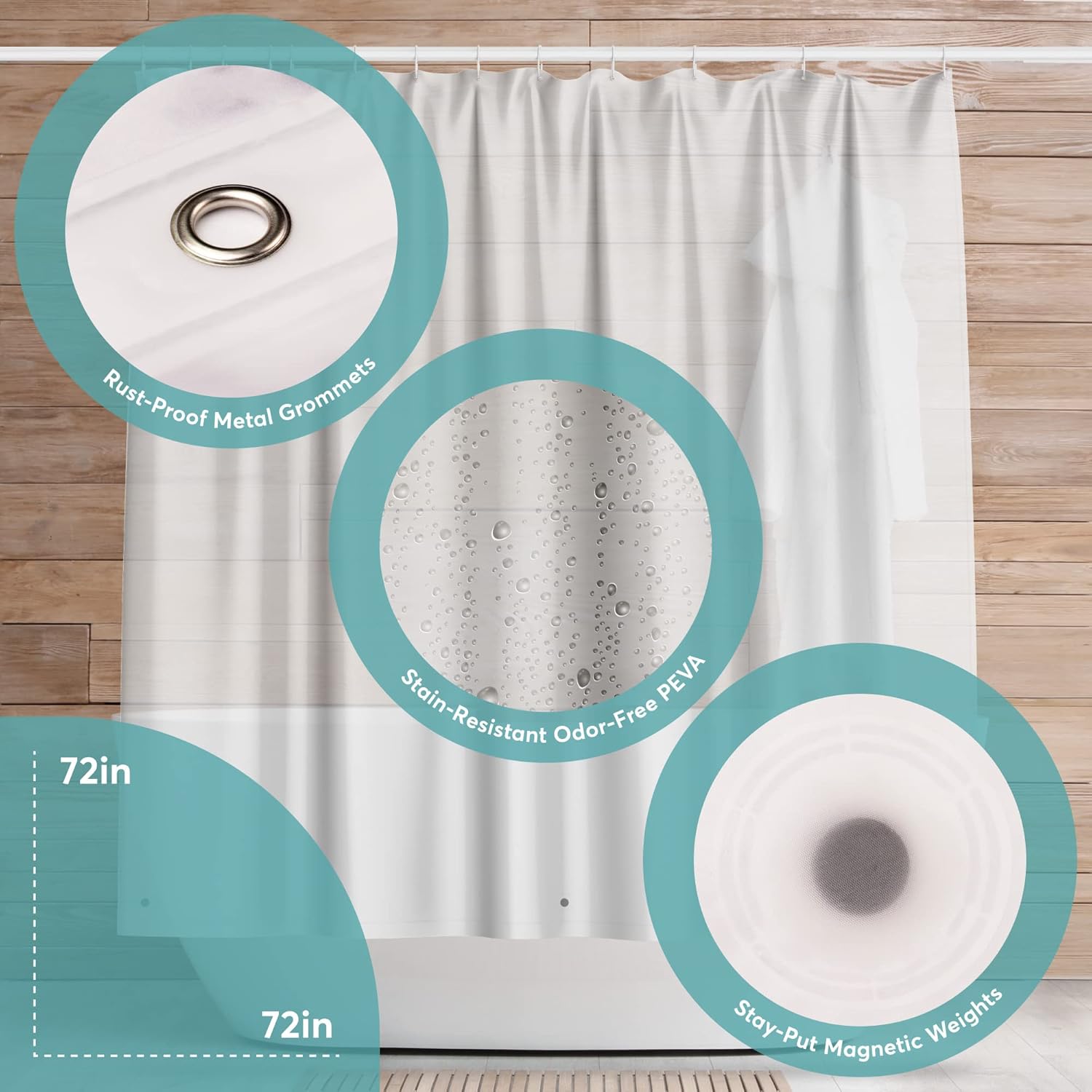 BigFoot Shower Curtain Liner – 72 x 72 PEVA Premium Shower Curtain with Rustproof Metal Grommet and 3 Magnetic Weights – Odor Free and Compatible with Standard Showers, White - Image 3