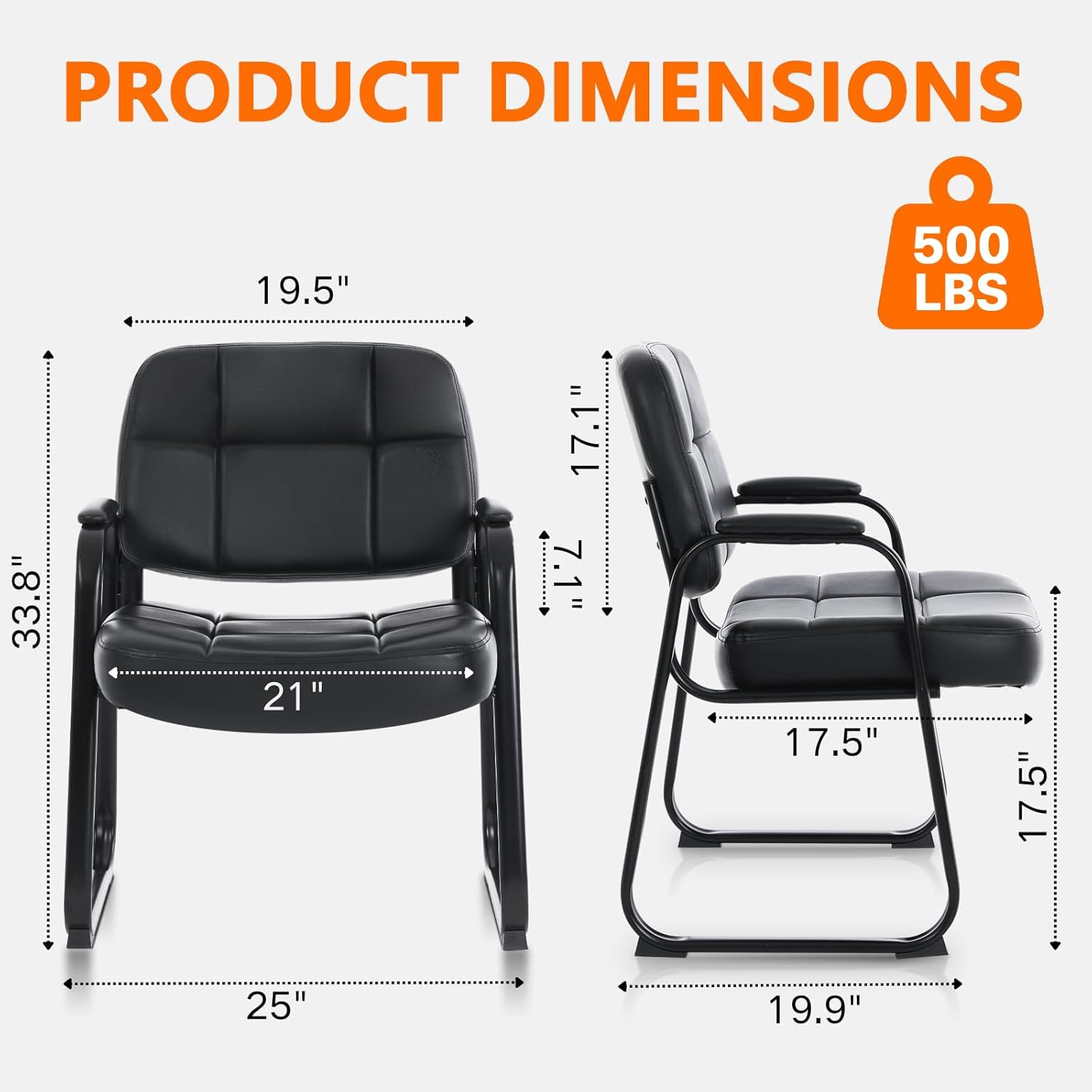 CLATINA Big & Tall Waiting Room Guest Chair with Bonded Leather Padded Arm Rest and Sled Base for Office Reception Lobby and Conference Desk, Black - Image 3