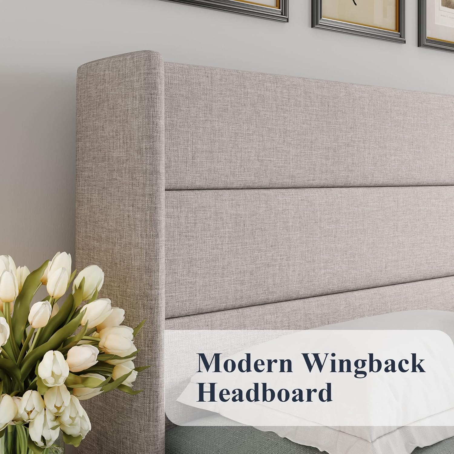Allewie Full Size Lift Up Storage Bed, Modern Wingback Headboard, Hydraulic Support, No Box Spring Needed, Light Beige - Image 4
