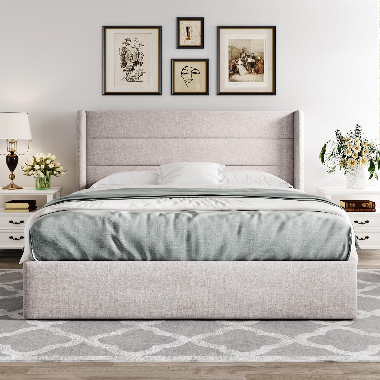 Allewie Full Size Lift Up Storage Bed, Modern Wingback Headboard, Hydraulic Support, No Box Spring Needed, Light Beige - Image 6