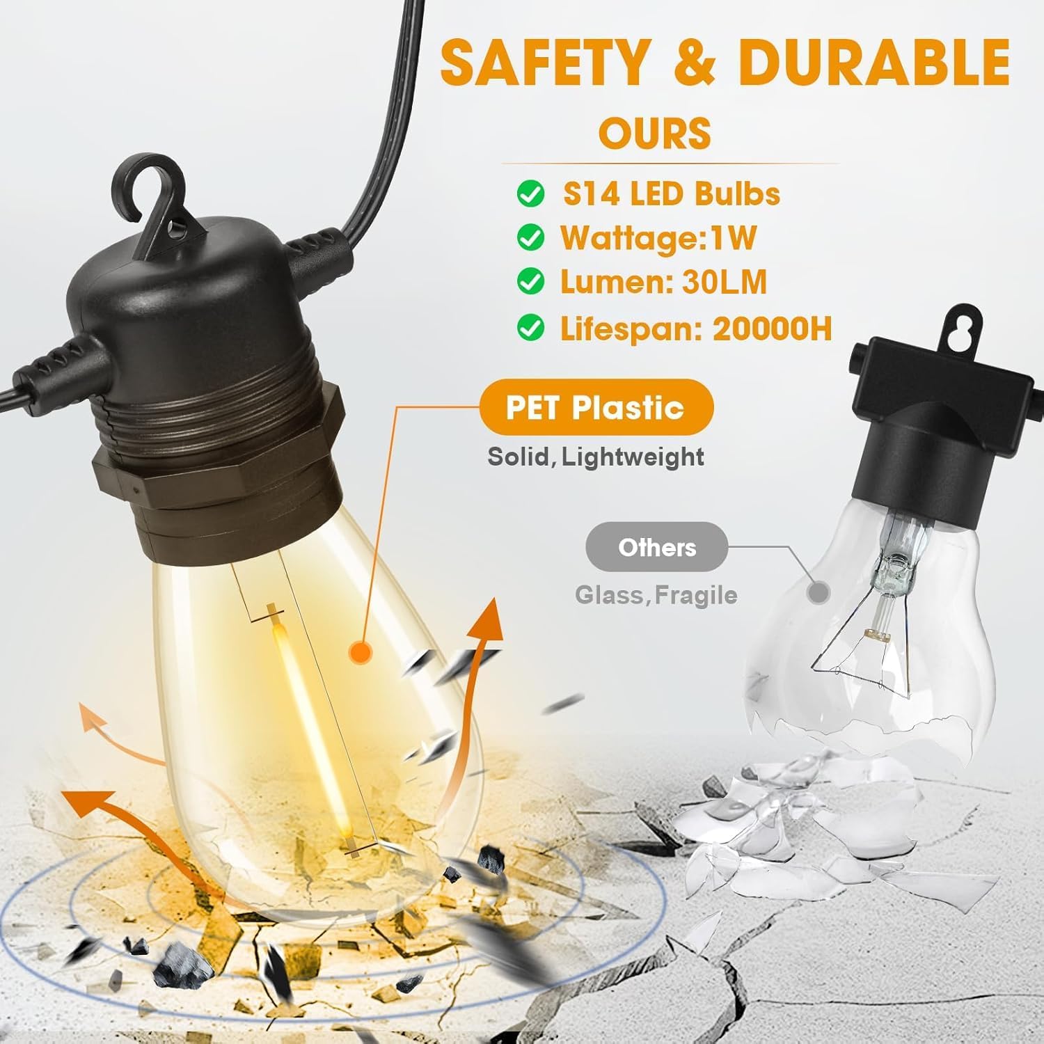 200FT(50FT*4) LED Outdoor String Lights Waterproof Patio Lights with 64 Shatterproof S14 Edison Bulbs(4 Spare), Dimmable Hanging Outdoor Light Connectable for Yard, Porch, 2700K Warm White - Image 2