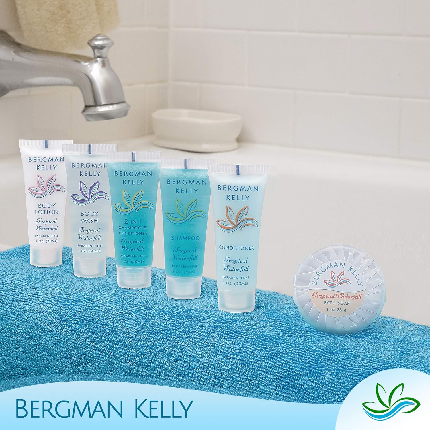 Bergman Kelly - Hotel Toiletries Bundle - Tropical Waterfall, 1 oz each, 100 Pcs - 4-Piece Set: 25 Rectangular Bar Soap, 25 Shampoo, 25 Conditioner & 25 Body Lotion - Bulk Mini Guest Amenities Supply - Image 6