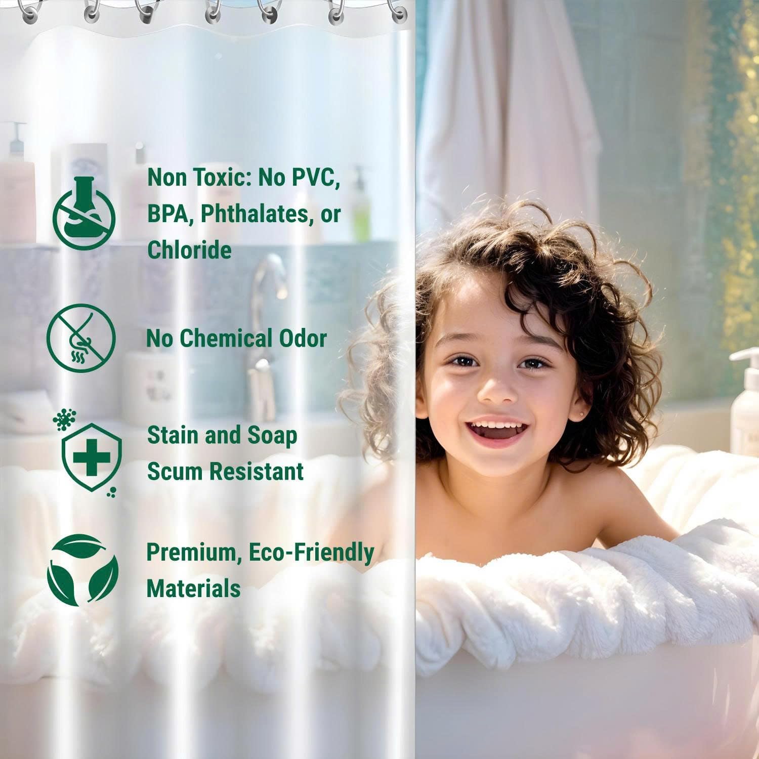 Bowery Home NOT Made in China Eco-Friendly Recycled PEVA Shower Curtain Liner – Waterproof, Sustainable, Non-Toxic Shower Curtain Liner, with Rust-Proof Grommets, 72x72IN, 8G – Clear - Image 2