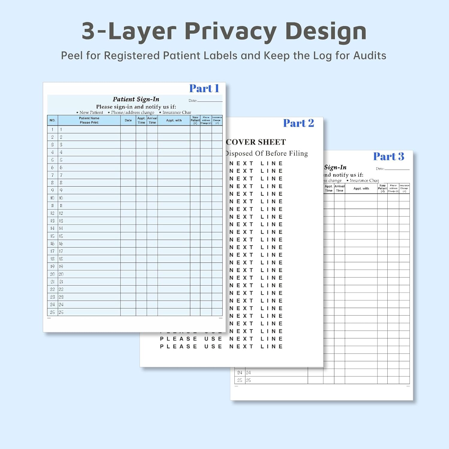 Patient Sign in Sheets, HIPAA Compliant, Carbonless 3-Part Medical Forms with Peel-Off Labels & Date Column,Simplify Check in for Clinics, Doctor Office, Blue (30-Pack) - Image 5