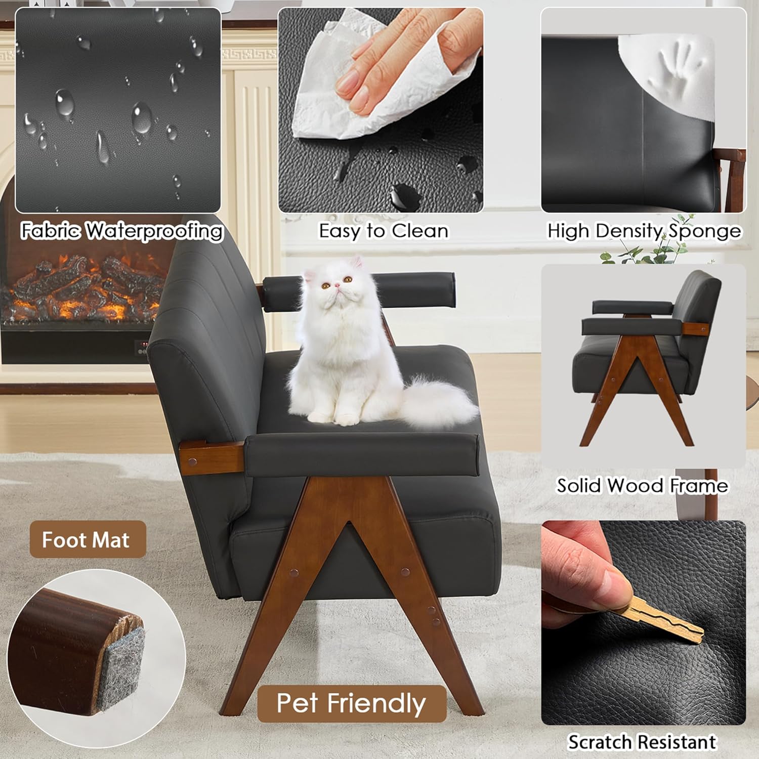 STHOUYN 50" Black Leather Sofa, Small Comfy Office Loveseat Couch with Back, Mid Century Modern Wooden Love Seat Bench Waiting Room Furniture Couches for Living Room, Bedroom - Image 4