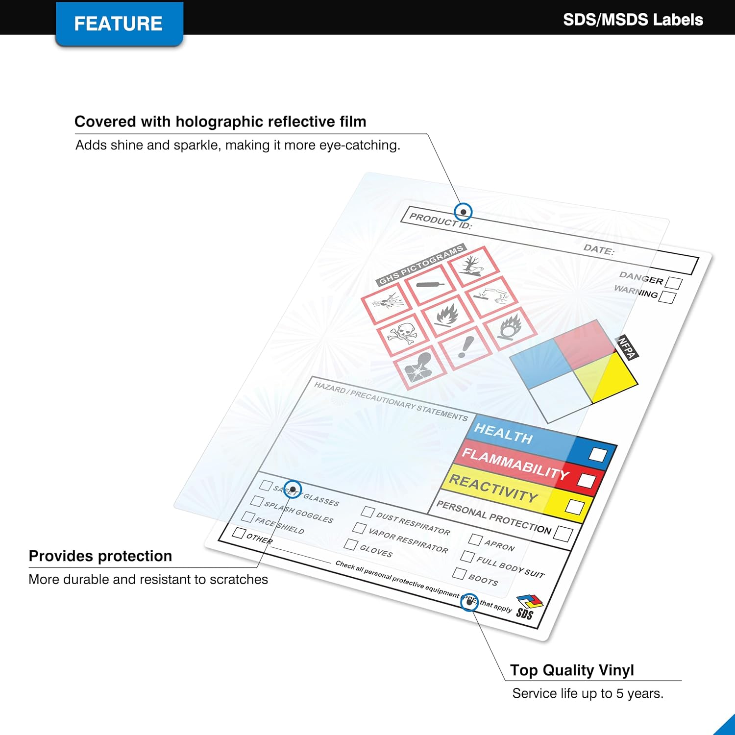 SDS Label Stickers 4 x 3 Inches, Roll of 250 MSDS OSHA Data Stickers with GHS Pictograms & Perforated Edges for Easy Separating | HMIS & Hazard Compliant | Secondary Containers for Chemical Safety - Image 2