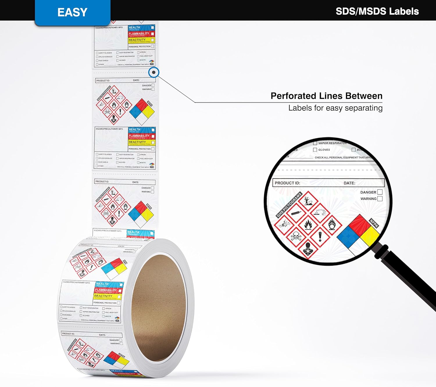 SDS Label Stickers 4 x 3 Inches, Roll of 250 MSDS OSHA Data Stickers with GHS Pictograms & Perforated Edges for Easy Separating | HMIS & Hazard Compliant | Secondary Containers for Chemical Safety - Image 3
