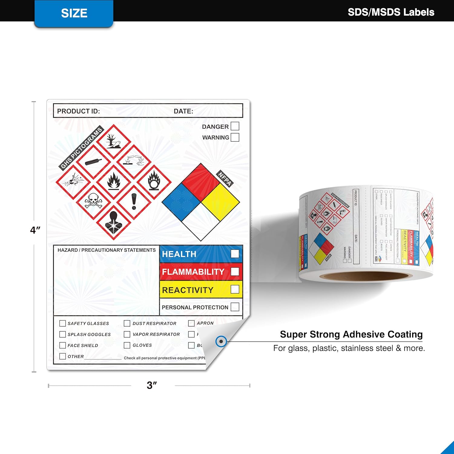 SDS Label Stickers 4 x 3 Inches, Roll of 250 MSDS OSHA Data Stickers with GHS Pictograms & Perforated Edges for Easy Separating | HMIS & Hazard Compliant | Secondary Containers for Chemical Safety - Image 4
