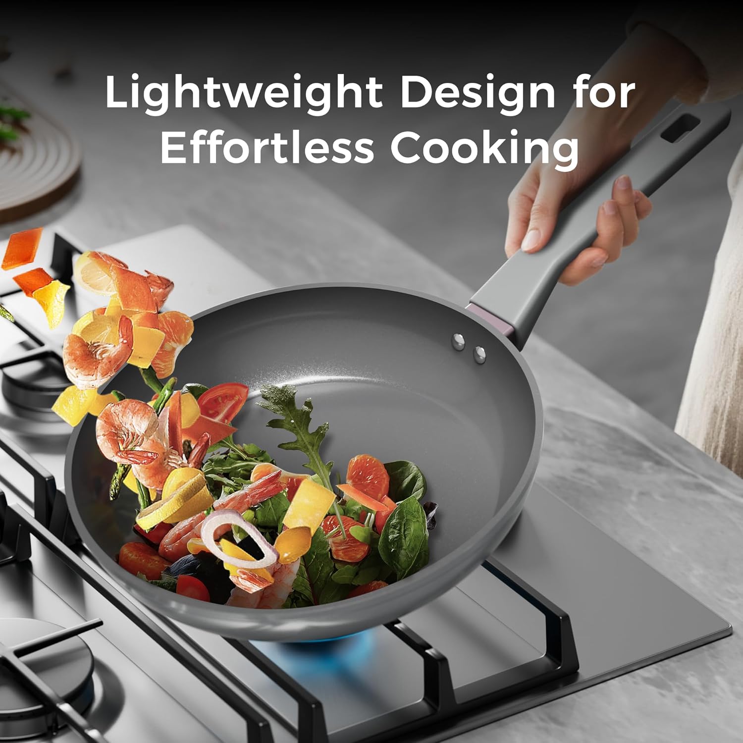 Sanho Diamond-Titanium Ceramic Nonstick Fry Pan Set, 10in & 12in Frying Pans, PFAS PFOA PTFE Free, Dishwasher Safe & Induction Compatible Cookware with Cool-Touch Handle, Gray - Image 5