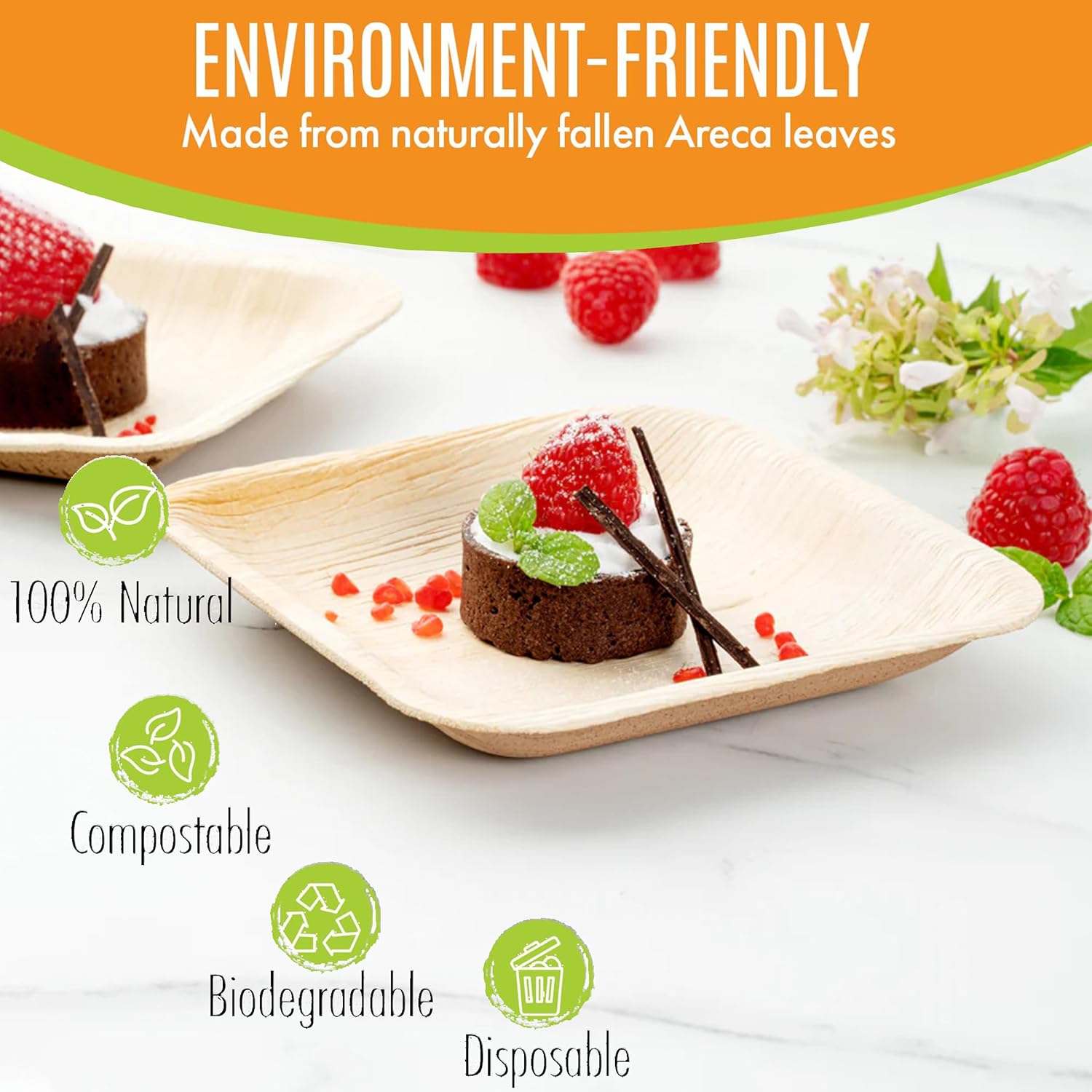 Raj Eco Compostable Palm Leaf Plates Like Bamboo Plates Disposable - 6 Inch Square 50 Party Plate, Natural Wooden, Eco-Friendly, Fancy Biodegradable & Disposable Dessert Appetizer Plate - Image 2
