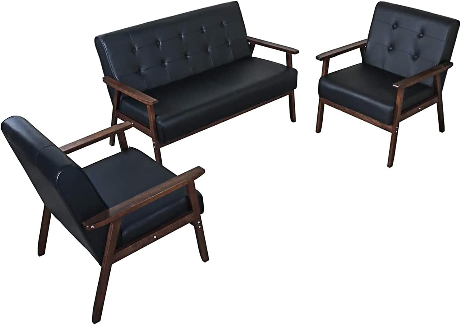 AODAILIHB Leather Sofa Couch Set 2 Accent Chairs & 1Loveseat Black Faux Leather Loveseats Mid Century Modern Office Couch for Small Space Waiting Room Living Room Furniture (3, Black) - Image 3