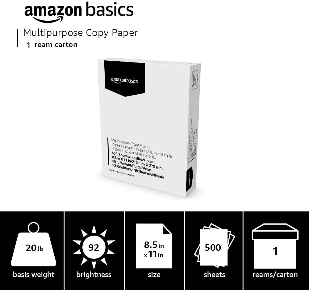 Amazon Basics Multipurpose Copy Printer Paper, 8.5 x 11 Inches, 20 lb, 1 Ream, (500 Sheets), 92 Bright, White - Image 3