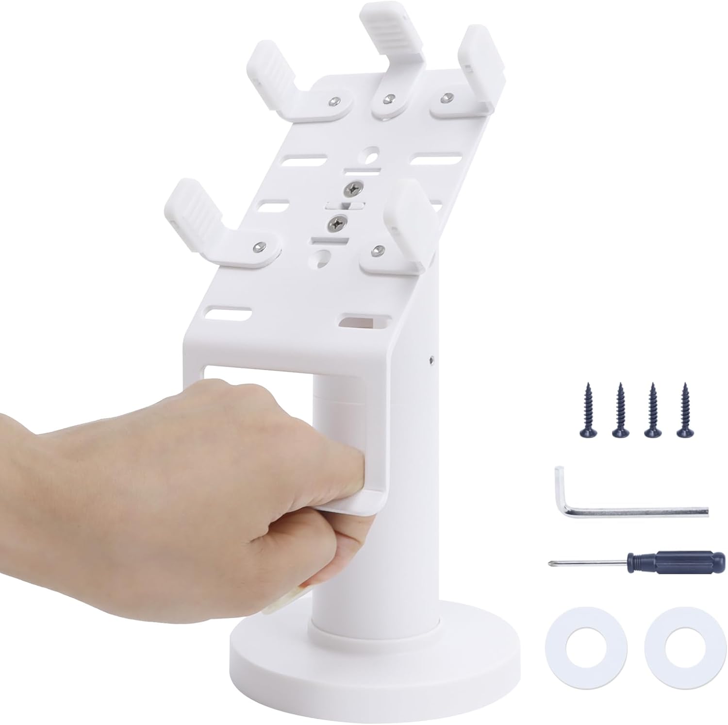 Universal Square POS Machine Terminal Stand, Adjustable Square Credit Card Reader POS Stand, 7" Tall Swivel and Tilt Terminal Holder with Complete Kit, Screw-in and Adhesive, White