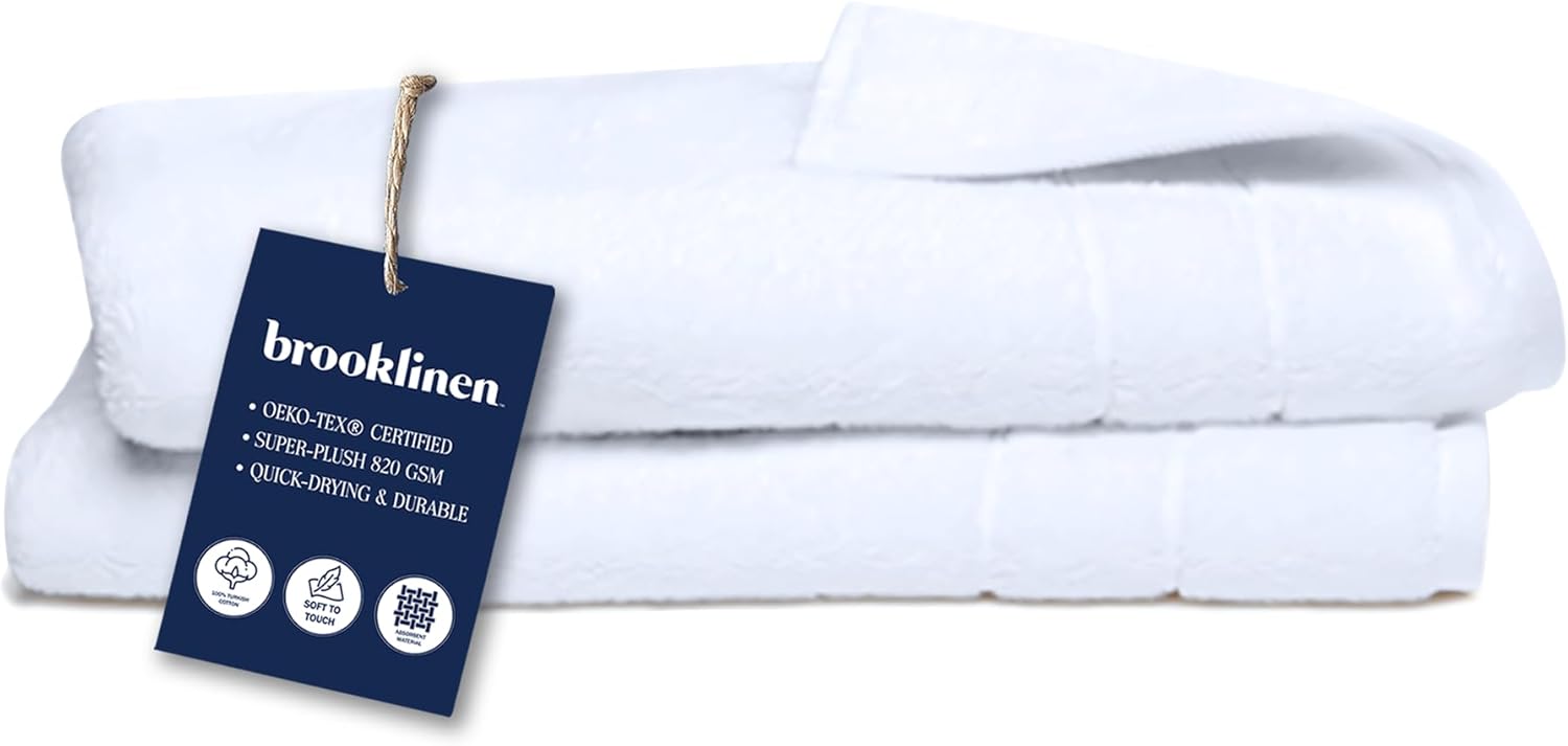 Brooklinen Super-Plush Turkish Cotton Hand Towels - Set of 2 - Cotton, 820 GSM, Highly Absorbent, Machine Washable, Perfect for Home & Bathroom (20" x 30", Solid White)