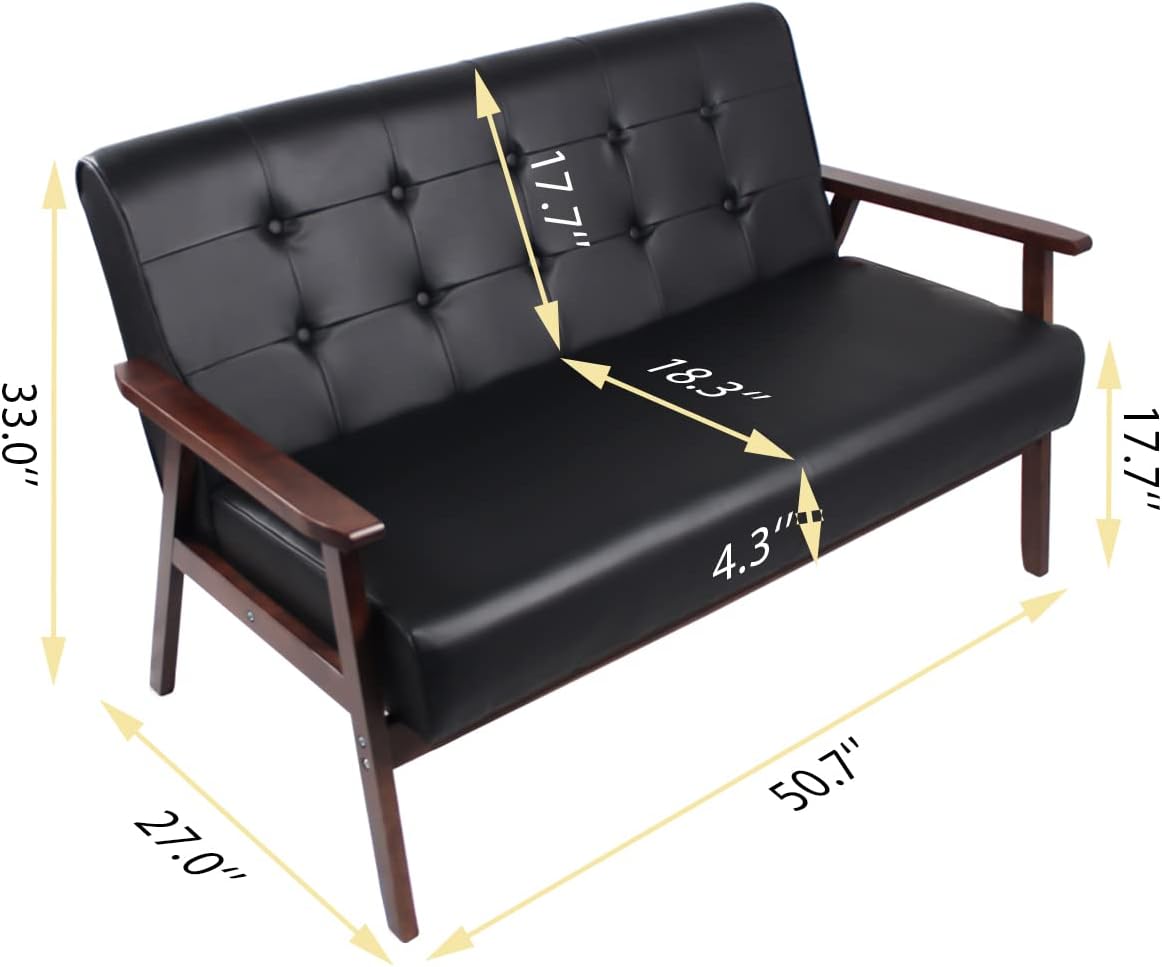 AODAILIHB Leather Sofa Couch Set 2 Accent Chairs & 1Loveseat Black Faux Leather Loveseats Mid Century Modern Office Couch for Small Space Waiting Room Living Room Furniture (3, Black) - Image 9