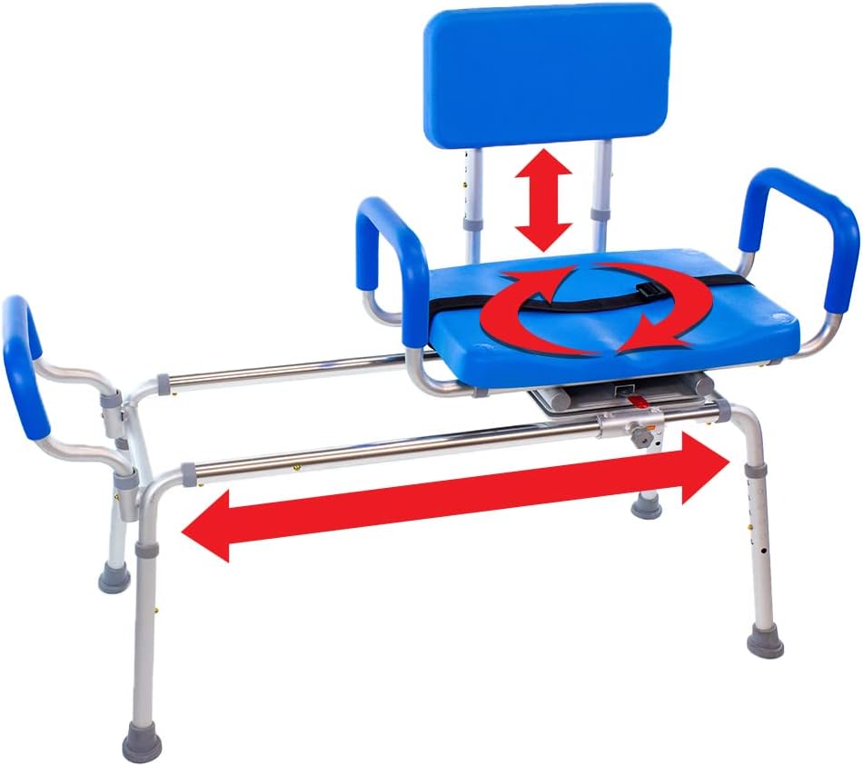 Carousel Sliding Shower Chair Tub Transfer Bench with Swivel Seat, Bariatric, Premium Padded with Pivoting Arms, High Capacity, Heavy Duty for Tubs, Inside Shower, for Handicap & Seniors, Blue