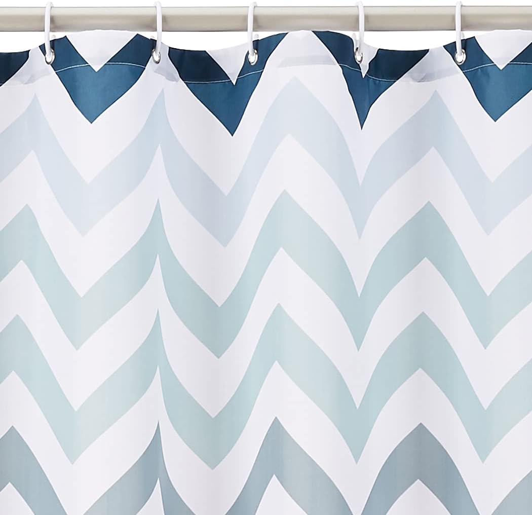Amazon Basics Bathroom Shower Curtain, Water Resistant Fabric with Weighted Hem, Grommets & Hooks, Machine Washable, 72"x72", Blue Ombre Chevron - Image 2
