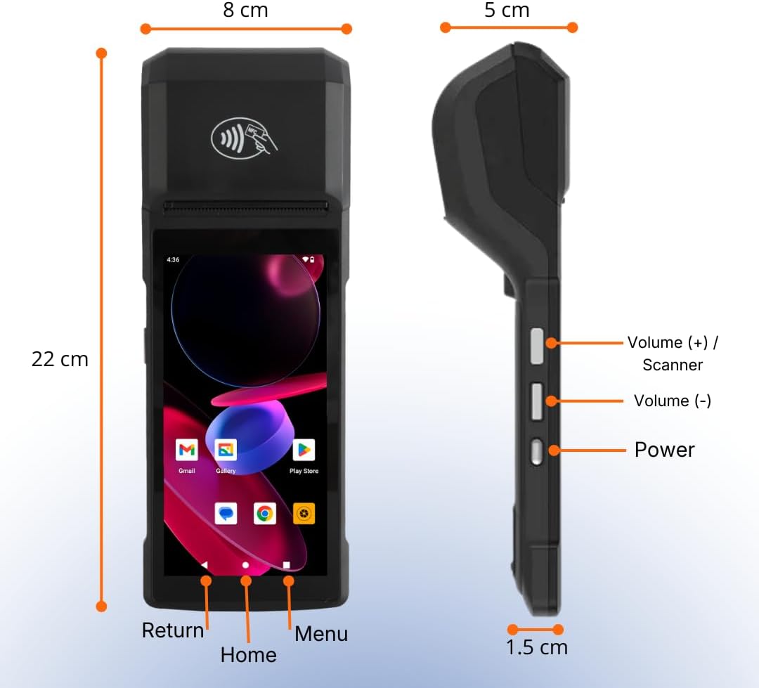 POS Android 14 Receipt Printer Android 14 and 58mm High Speed Thermal Printer 5.5’ Touch Screen. Handheld Point of Sale with NFC + Professional Barcode Scanner. 4G Network, 3GB Ram+32GB ROM - Image 7