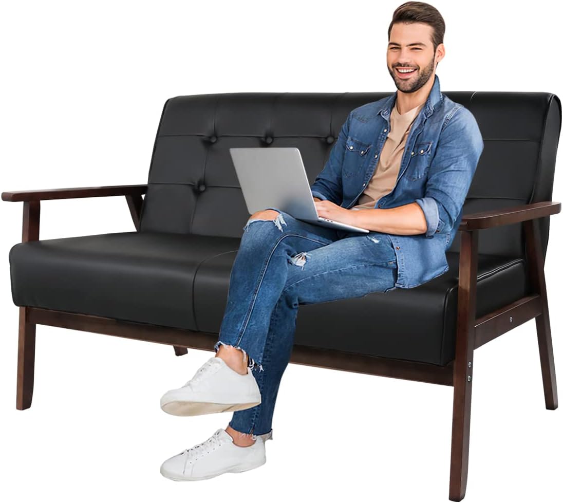 AODAILIHB Leather Sofa Couch Set 2 Accent Chairs & 1Loveseat Black Faux Leather Loveseats Mid Century Modern Office Couch for Small Space Waiting Room Living Room Furniture (3, Black) - Image 8