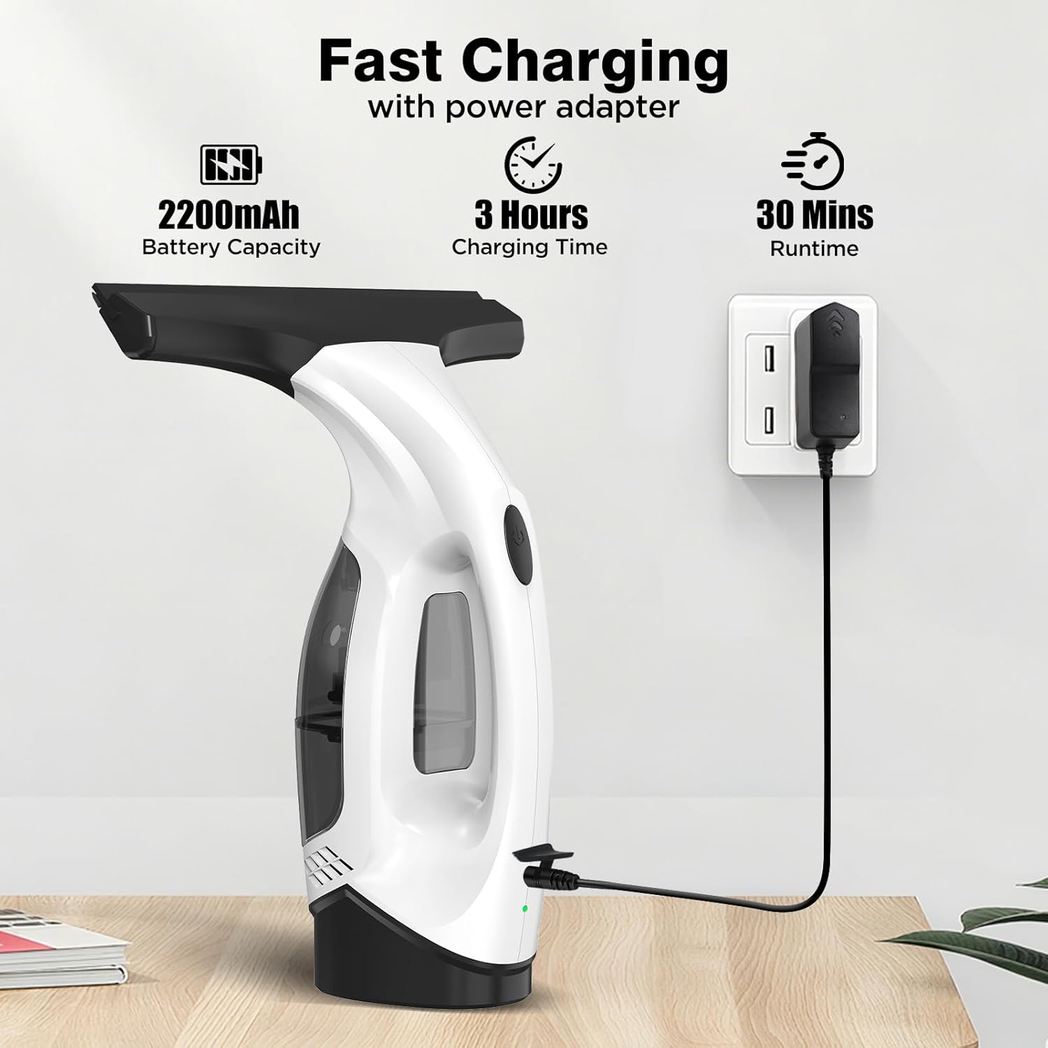 Window Vacuum Squeegee Cordless, 2000Pa Electric Window Cleaner Tool with 2200mAh & 150ml Water Collection Tank, Window Cleaning Kit Shower Squeegee for Glass Doors, Windows, Mirrors, Car (White) - Image 5