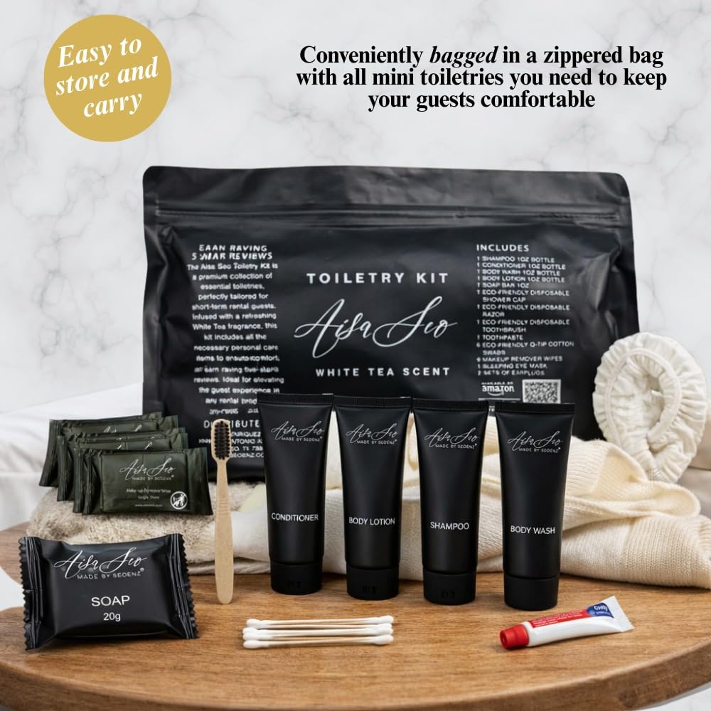 24 Piece Toiletry Kit for Hotels & Airbnb | 1oz Shampoo, Conditioner, Body Wash, Body Lotion, Bar Soap, Shower Cap, Razor, Toothbrush Set, Qtips & Makeup Remover Wipes (Toiletry Kit, 1) - Image 3