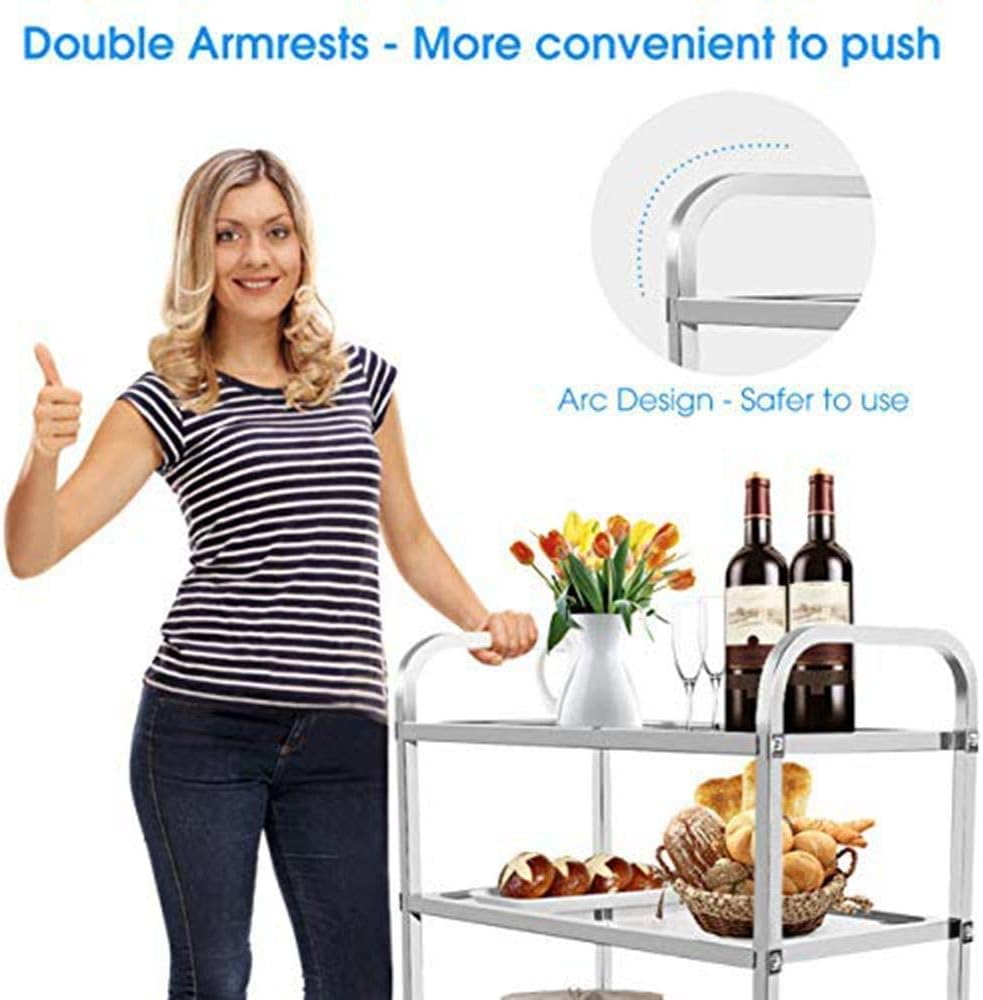 MYOYAY 37.4x19.7x37.4 Inch Stainless Steel Cart Large 3 Tier Kitchen Utility Rolling Cart Service Catering Storage Cart with Locking Wheels Kitchen Cart or Kitchen Hotel Restaurant Cafe Home - Image 9