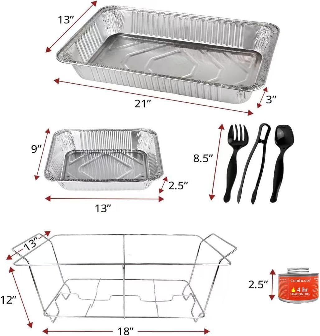 Disposable Chafing Dish Buffet Set, 33 Piece of Chafing Servers with Food Warmers, Covers, Half-Size Food Pans, Water Trays, Serving Utensils, Foil Lids and 4Hr Fuel Cans for Parties, Catering - Image 4
