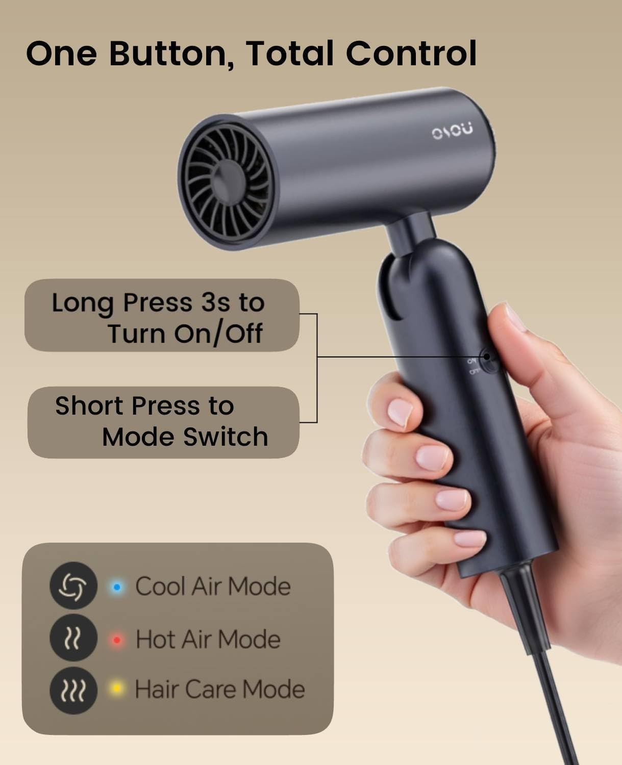 Foldable Hair Dryer for Travel - Global Voltage with Auto-Sensing, 1B Plasma Particles, 200times/s Temp Control, Portable Blow Dryer with Single-Sided Comb, Gray - Image 7