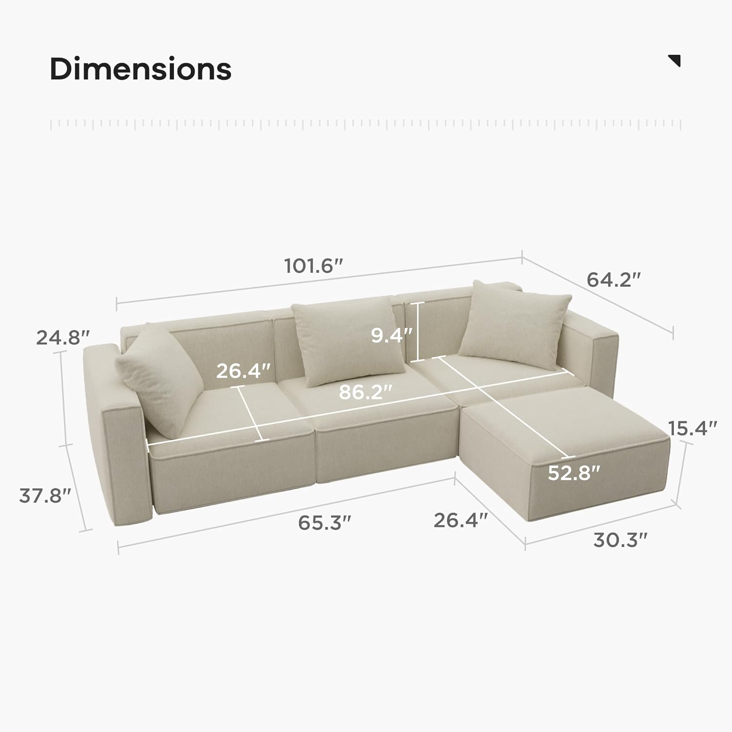 Acanva Luxury Modular Sectional Living Room Sofa Set, Modern Minimalist Style Couch with Ottoman and Chaise, L-Shape, Linen-Like Cream - Image 2