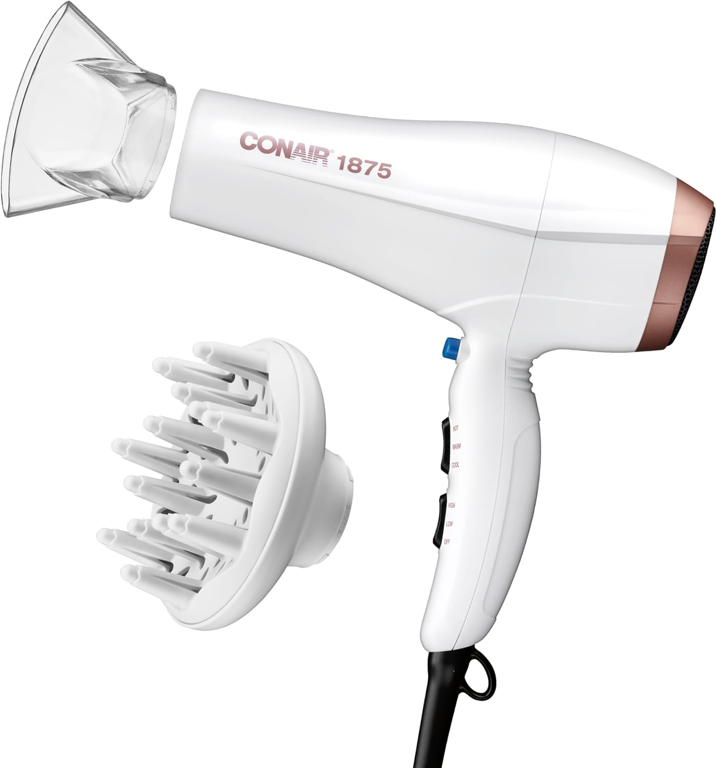 Conair Double Ceramic Hair Dryer, 1875W Blow Dryer with Diffuser and Concentrator, Ionic Conditioning, 3 Heat & 2 Speed Settings, Amazon Exclusive, White