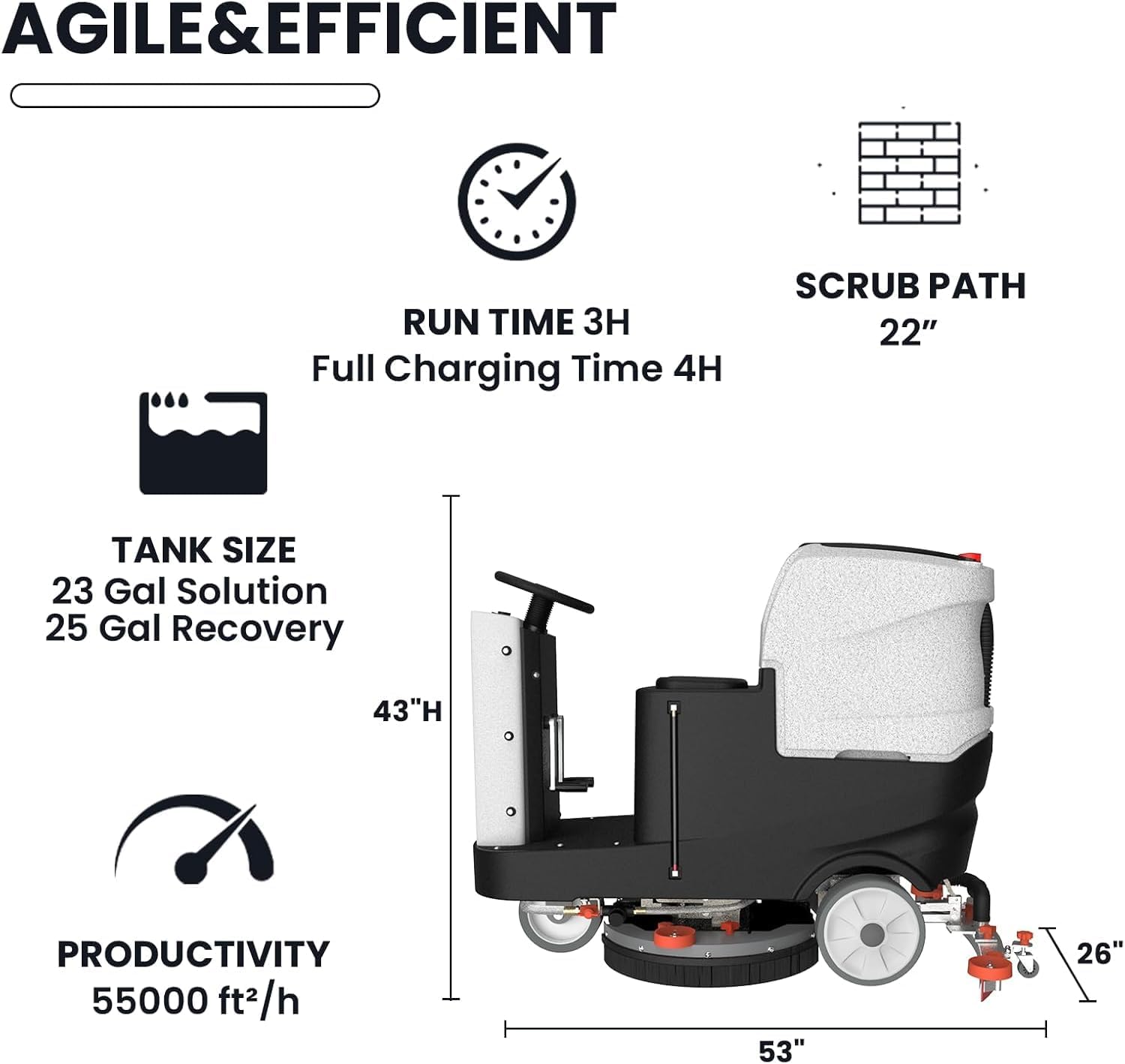 Micro Ride-On Floor Scrubber Dryer Kit, 22" Clean, 25 Gal, up to 55,000 ft²/h, Lithium Battery, Fast Charge, All Parts, Commercial Floor Cleaning for Daily Maintenance in Airport, Mall, School - Image 3