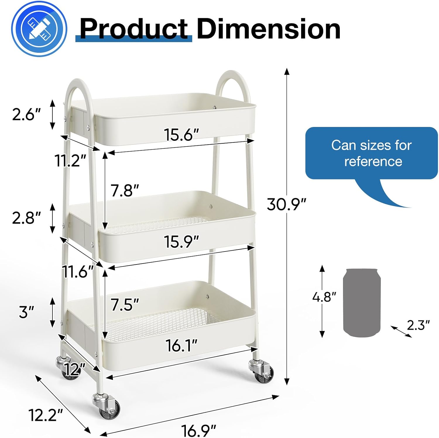 OLIXIS 3 Tier Utility Rolling Cart, Metal Mobile Storage Shelf with Lockable Caster Wheels, Organization for Livingroom, Bathroom & Narrow Places, White - Image 4