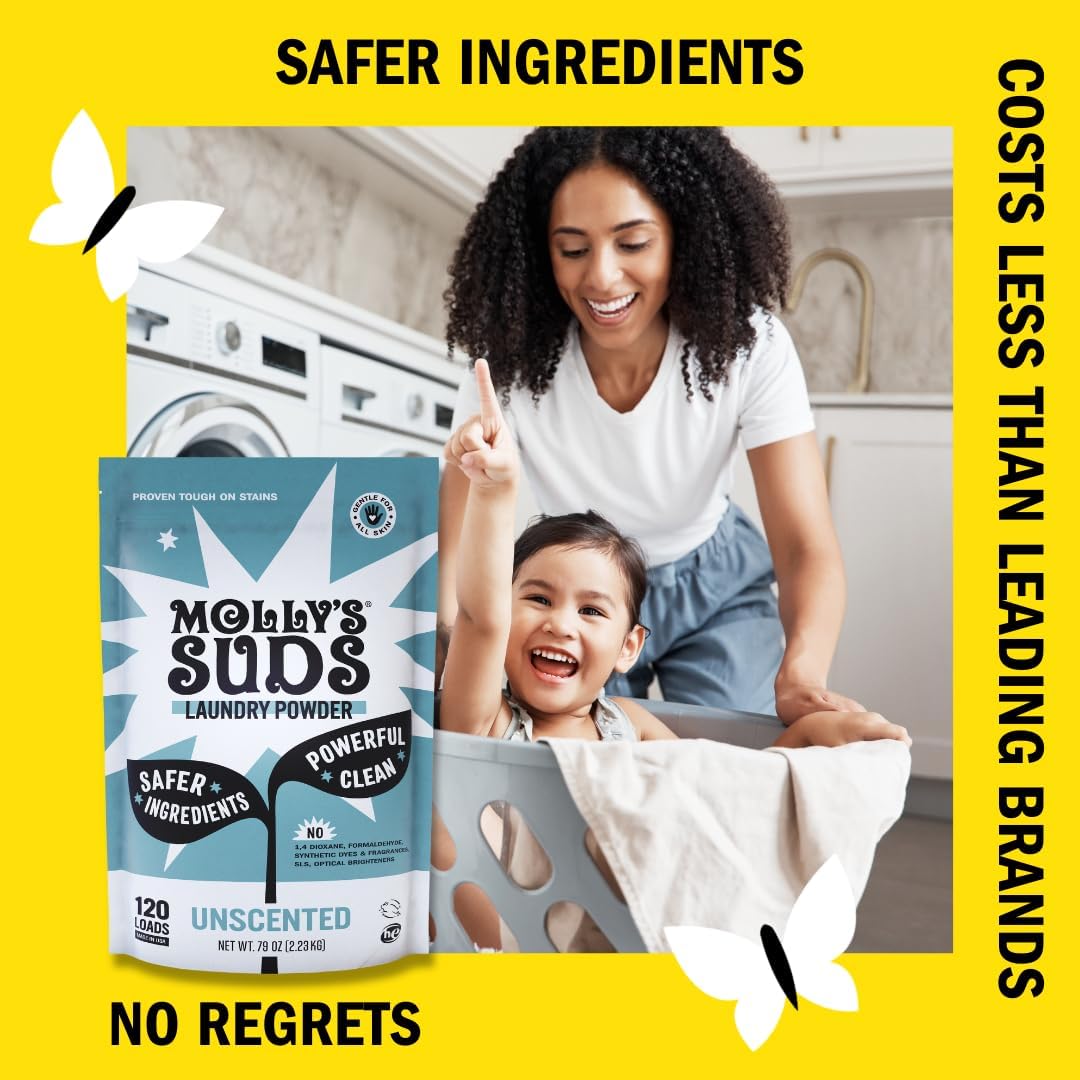 Molly's Suds Original Laundry Detergent Powder | Clean Laundry Detergent Powder for Sensitive Skin | Simple, Effective Ingredients, Stain Fighting | 120 Loads (Unscented) - Image 3