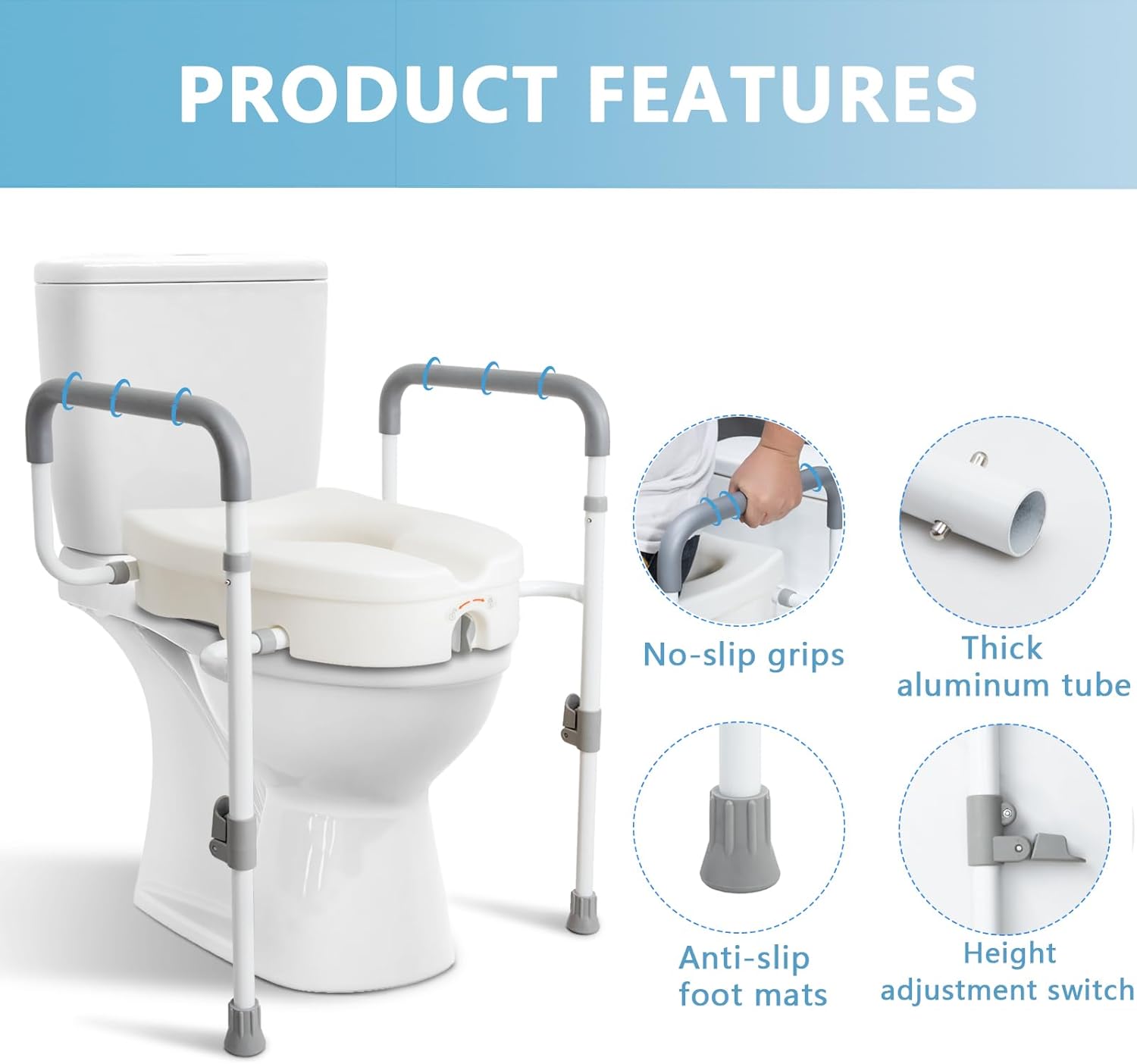 Raised Toilet Seat with Handles for Elderly - Toilet Seat Risers for Seniors with Adjustable Padded Arms - Elevated Toilet Safety Seat for Standard or Elongated Commode - Image 4