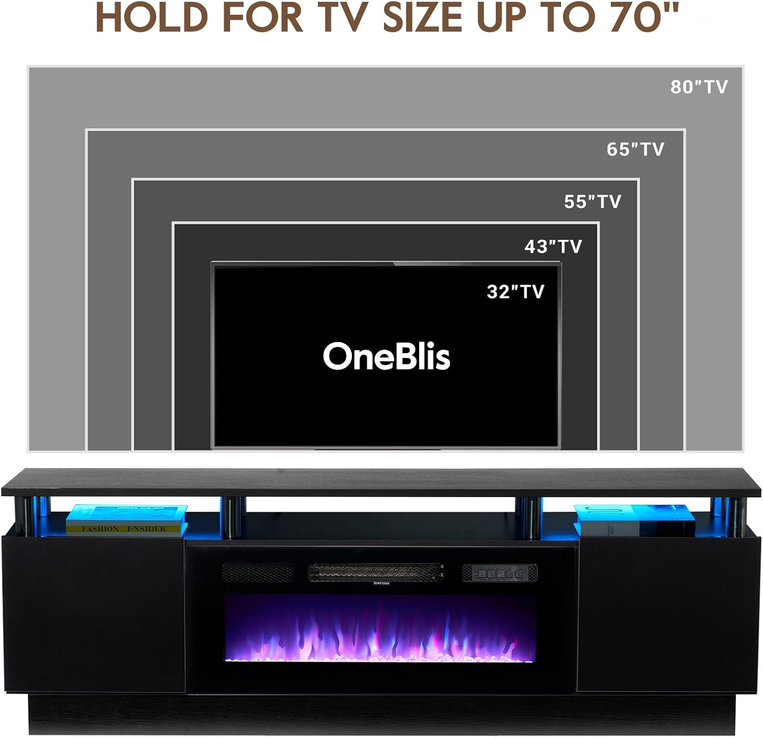 70" TV Stand for Living Room, Modern Entertainment Center & Media Console, Fits TVs up to 80", Storage Cabinet with Shelves, 36" Electric Fireplace with LED Flame (All Black) - Image 7