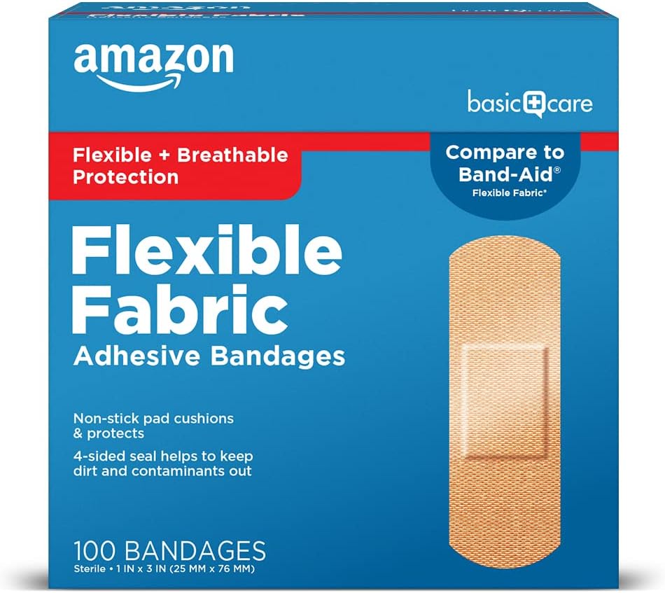 Amazon Basic Care Flexible Fabric Adhesive Bandages, First Aid for Wounds and Scrapes, Breathable with Non-Stick Pad, Latex Free, 100 Count