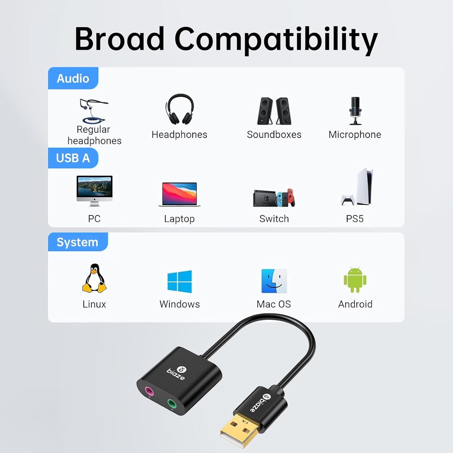 USB to 3.5mm Jack Audio Adapter External Sound Card with 3.5mm Headphone and Microphone TRS Jack to USB Compatible with Windows, Laptops, Desktops Windows, MAC, Linux, PC, PS5, PS4 - Image 3