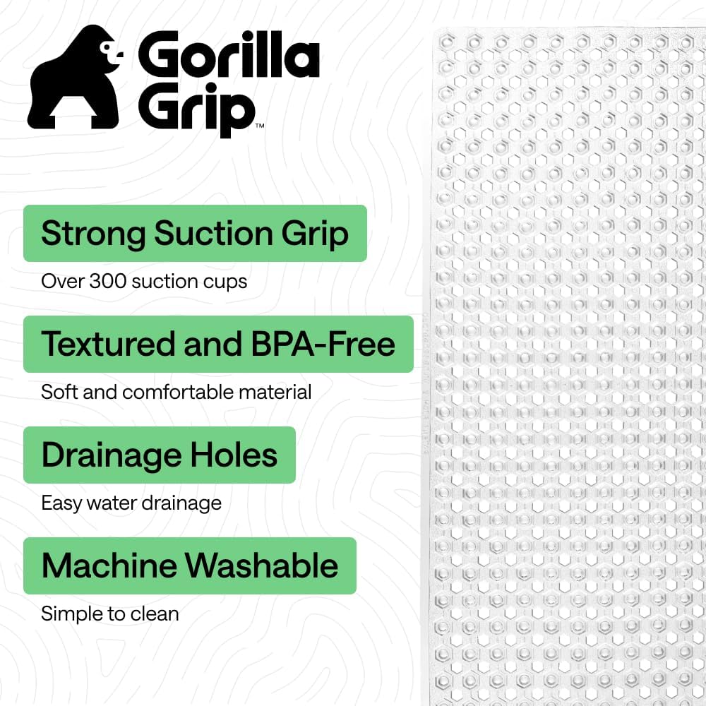 GORILLA GRIP Patented Bath Tub Shower Mat, Machine Washable Bathtub Floor Liner Mats, Suction Cups and Drain Holes to Keep Tubs Clean, Soft on Feet, Bathroom Essentials, 35x16 Inch, Clear - Image 2