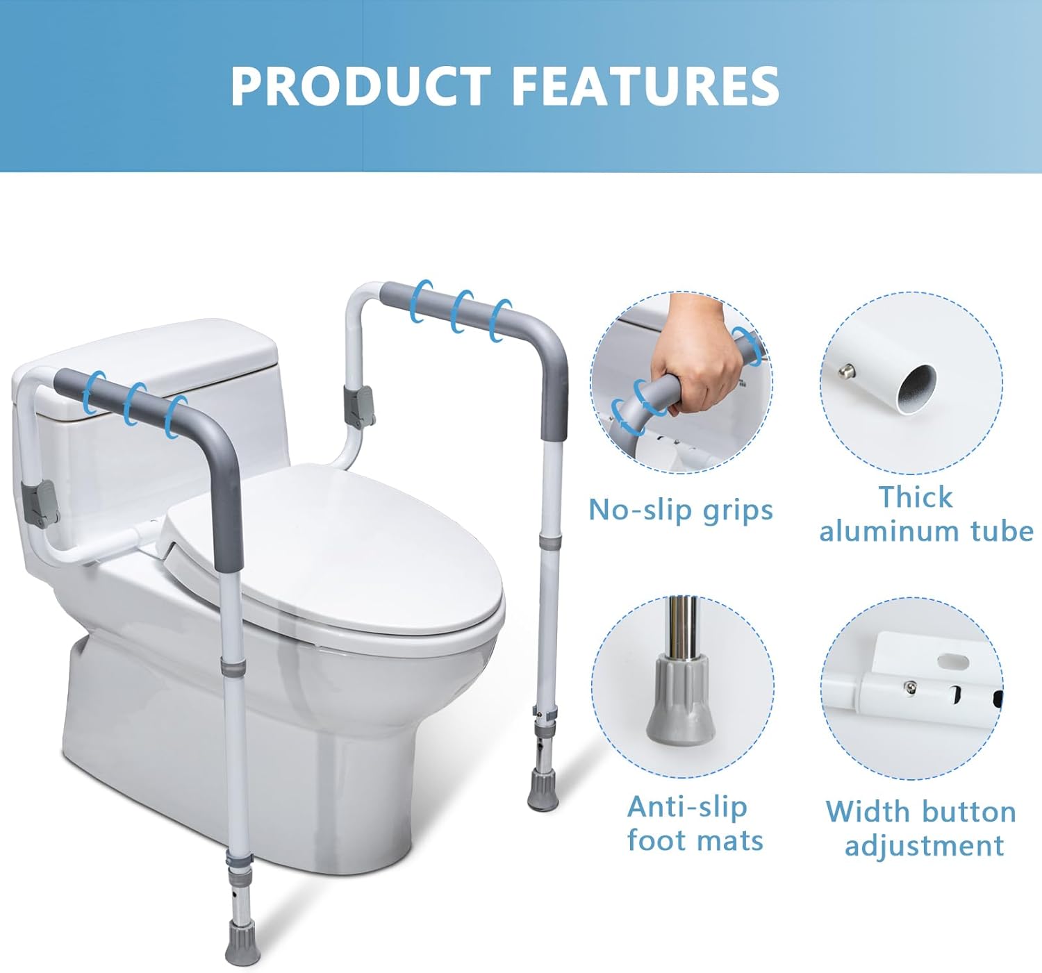 Toilet Safety Rails for Elderly Adults - Adjustable Bathroom Toilet Safety Frame with Handles - Stand Alone Toilet Grab Bar for Senior, Handicap & Disabled,Fits Most Toilets, White, TRX-8002 - Image 4