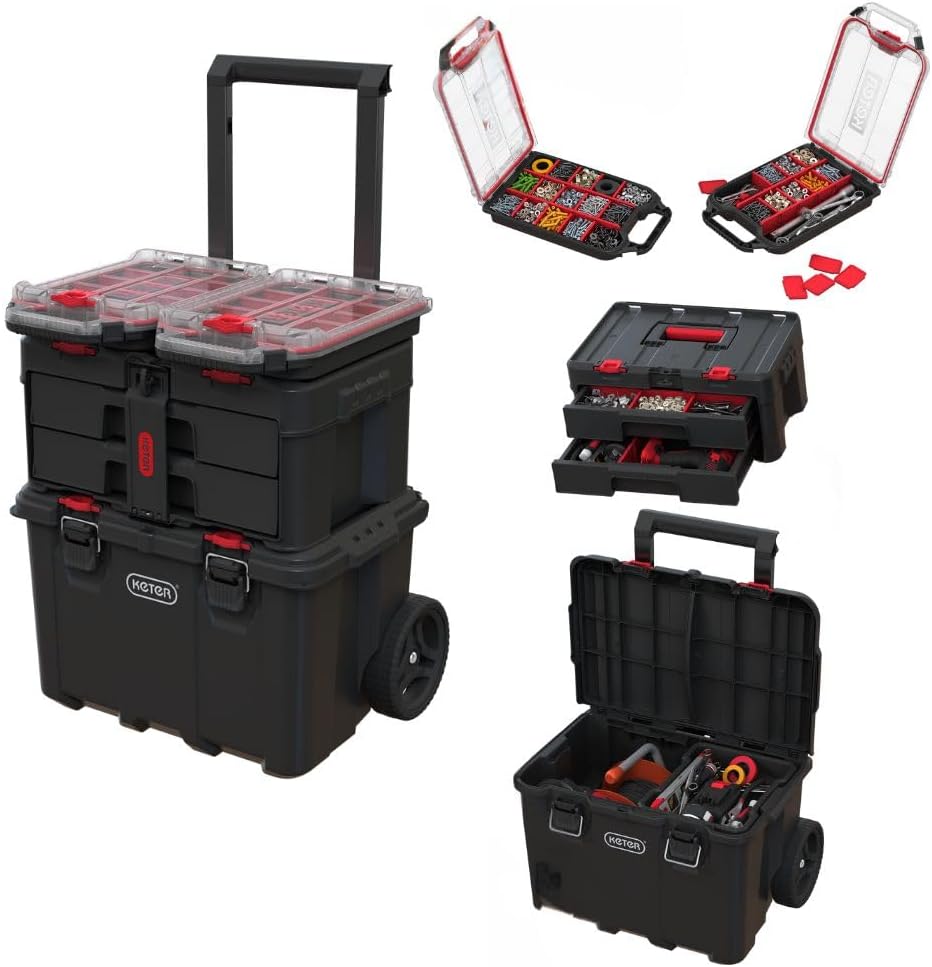 Keter Stack-n-Roll 2.0 Modular Tools Organizer for Garage Storage and DIY, 3 Piece Resin Rolling Tool Box System for Small Parts, Black