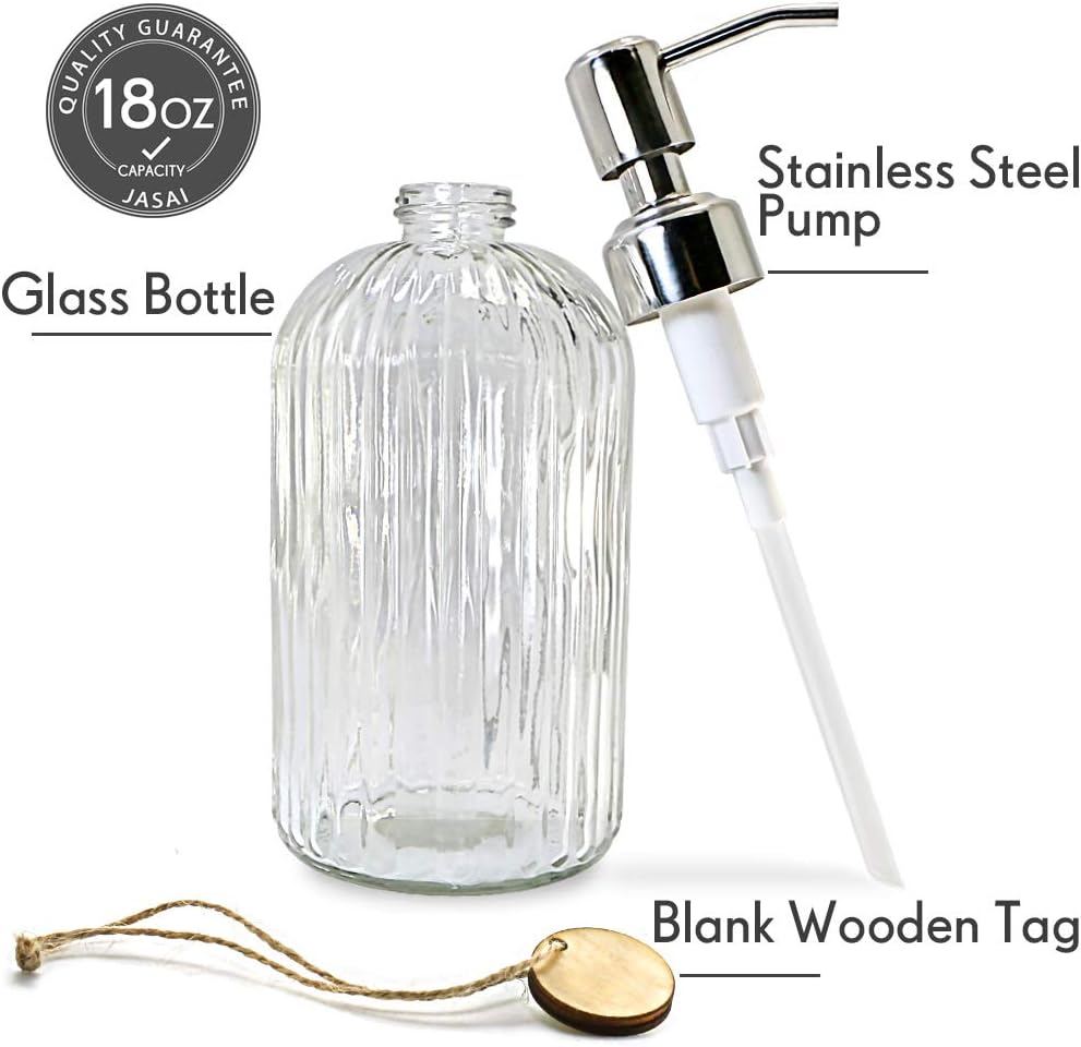 JASAI 18 Oz Clear Glass Soap Dispenser with Rust Proof Stainless Steel Pump, Refillable Liquid Hand soap Dispenser for Bathroom, Premium Kitchen Soap Dispenser (Clear). - Image 2