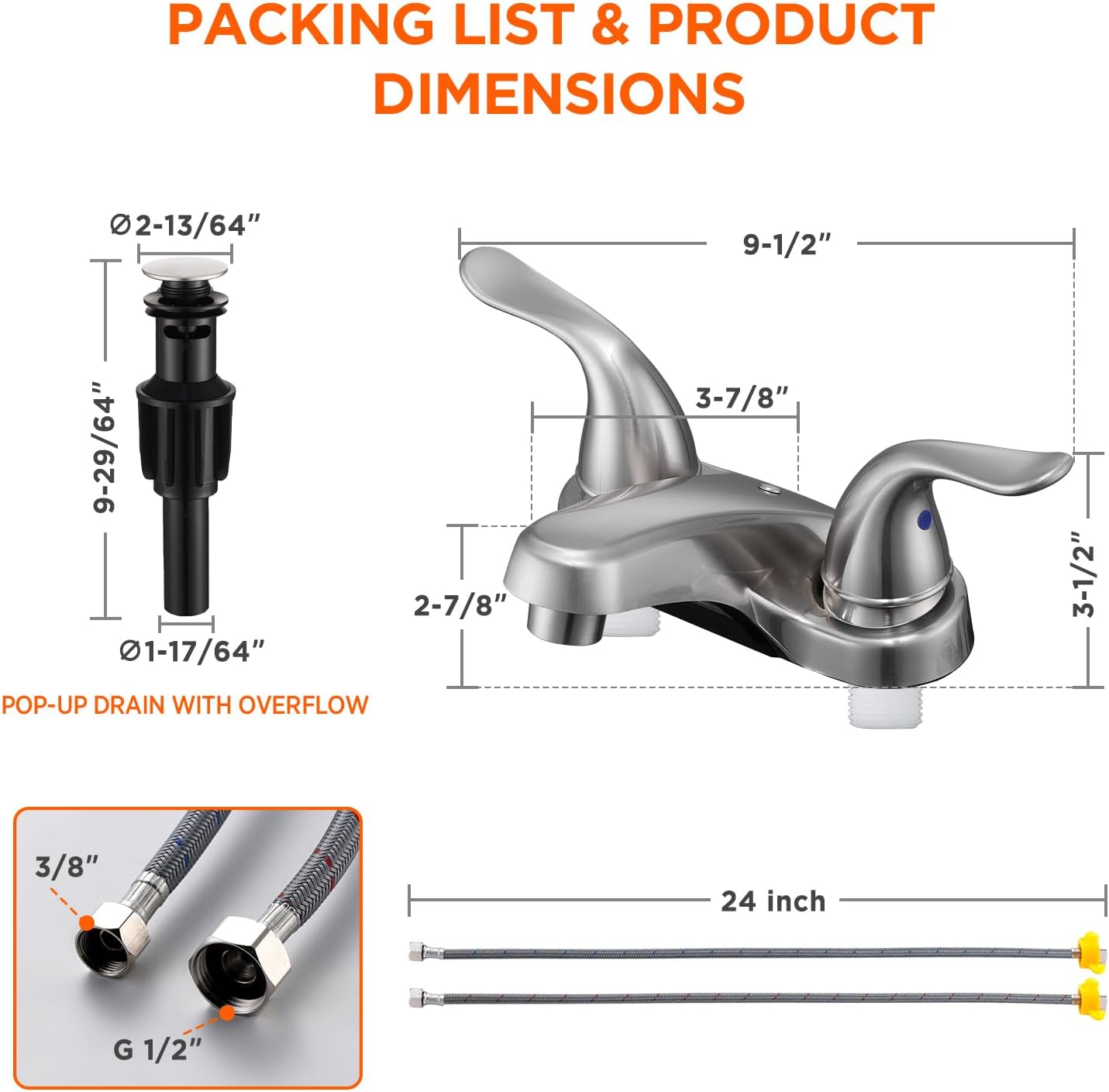 Bathroom Sink Faucets 2/3 Hole,Brushed Nickel Dual Handles 4 inch Plastic Plating Over Bathroom Faucet with Pop-up Drain and 2 Supply Hoses for Apartment Rvs Sink Vanity - Image 3