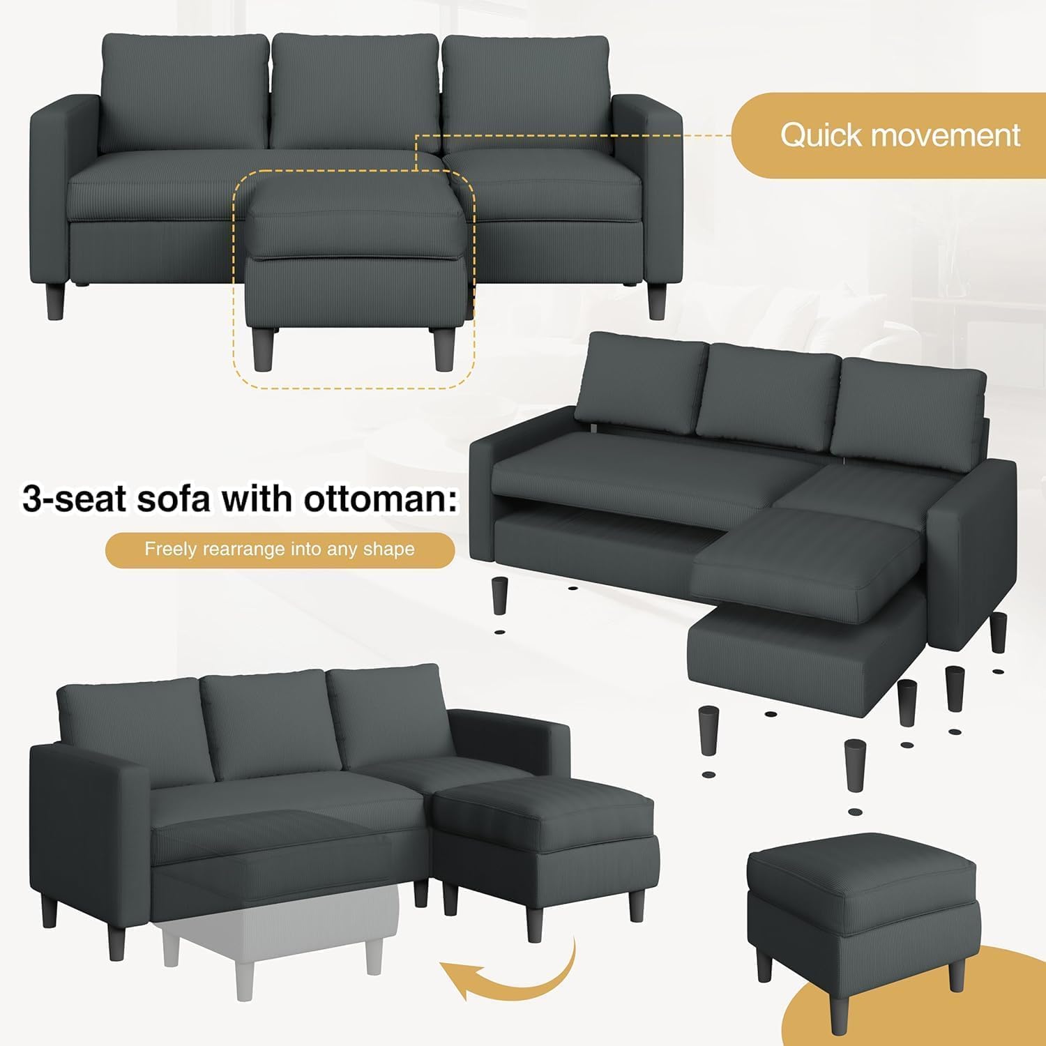 JAMFLY 3-Seat Convertible L-Shaped Sectional Sofa with Reversible Ottoman, Upholstered Fabric Couch for Small Living Rooms, Modern Modular Couch for Apartment, Studio & Loft, Grey - Image 5