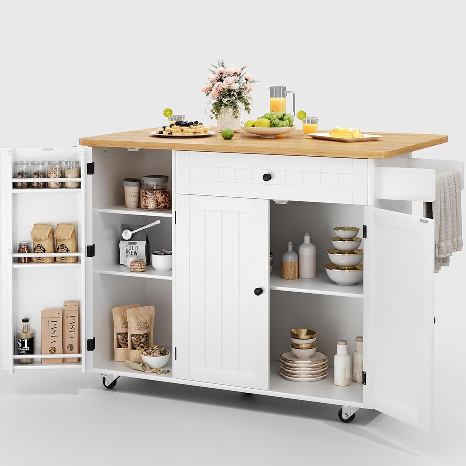 Kitchen Island with Storage, 41.7" Width Rolling Cart with Drawer, Rolling Kitchen Island on Wheels with Drop Leaf, Towel Rack, and Drawer, White, 41.7" L x 29.5" W