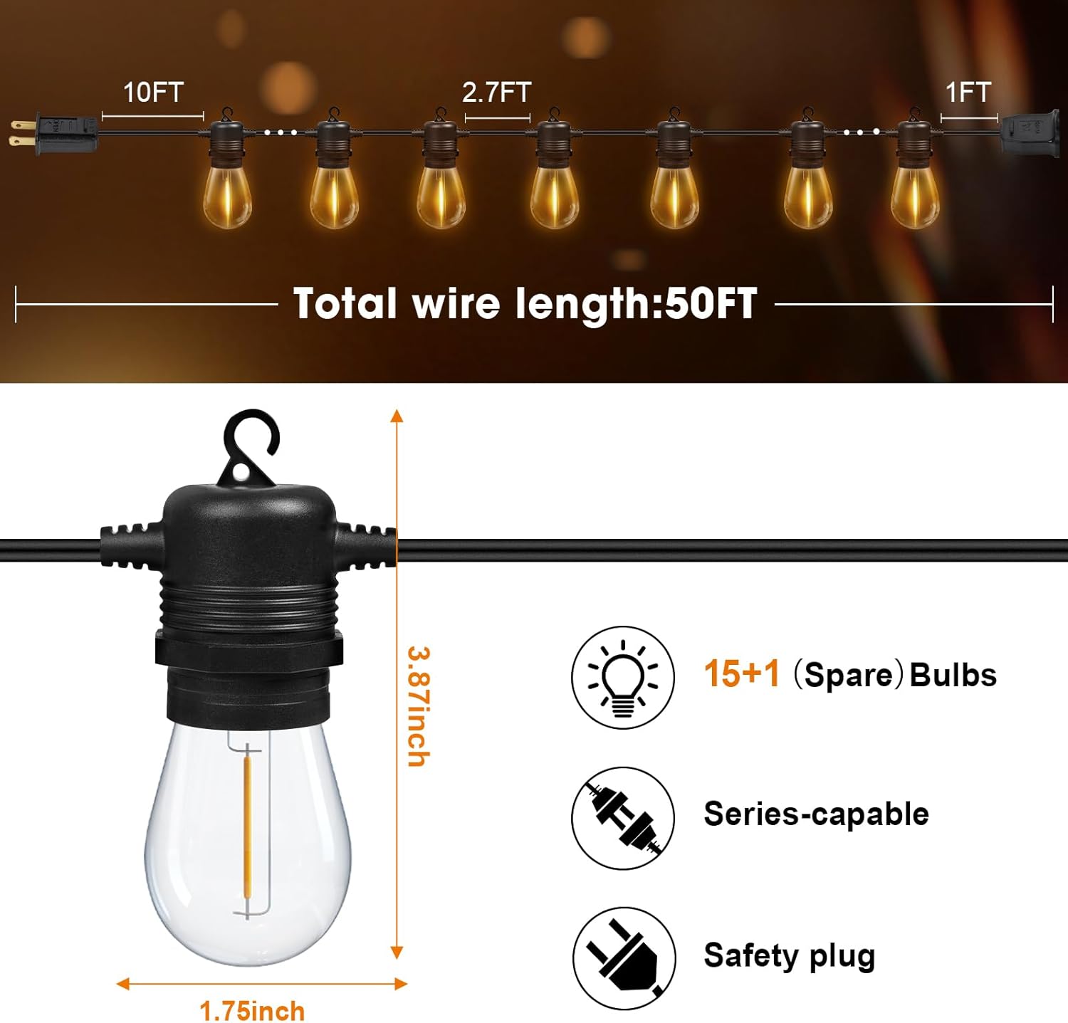 50FT LED Outdoor String Lights with 16 Shatterproof Waterproof S14 Replaceable Bulbs(1 Spare), 2700K Commercial Grade Patio Lights, Outside Hanging Light for Yard Garden Porch Deck Decor - Image 7
