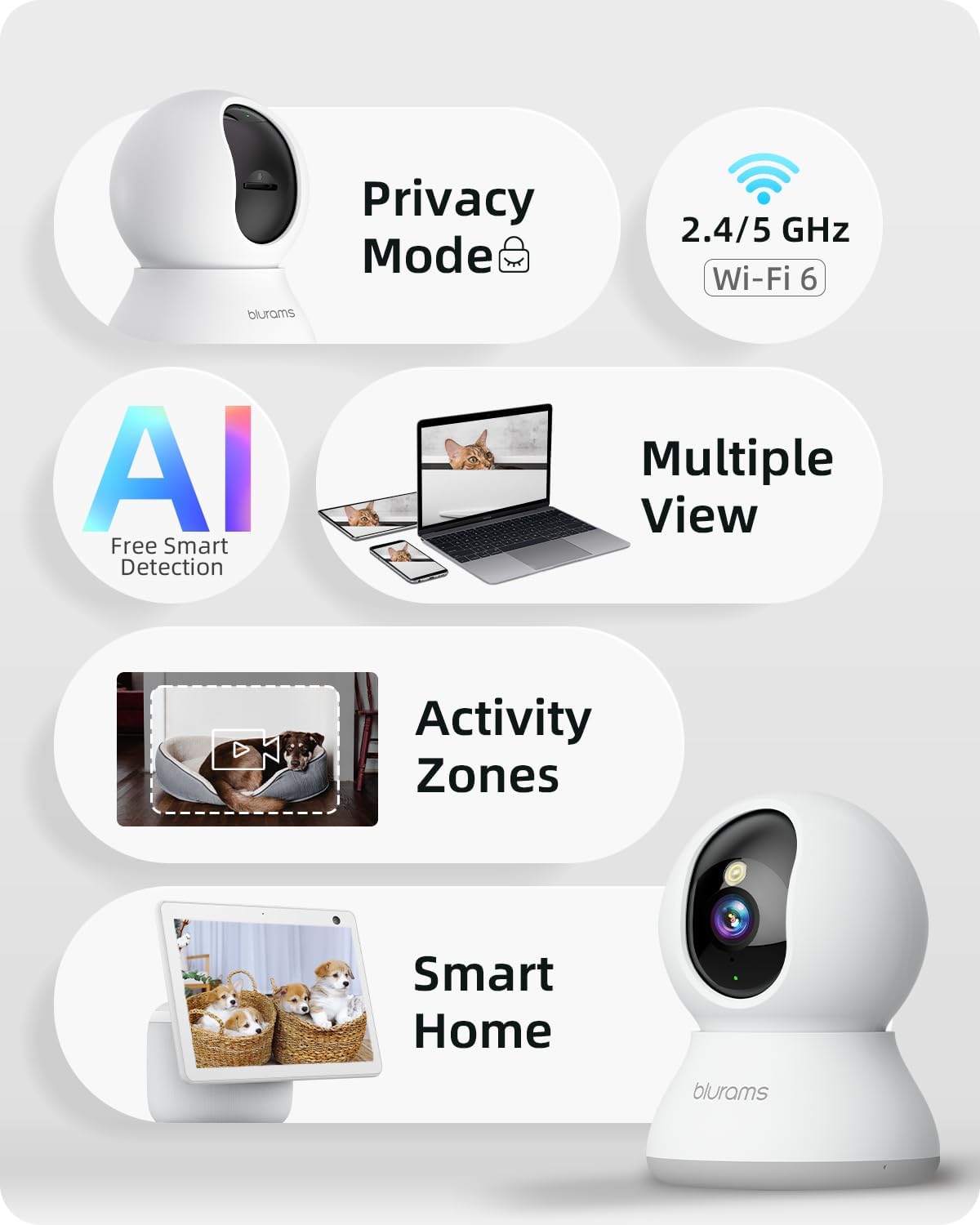 blurams 5G Cameras for Home Security, 2K Pet Camera with Phone App, 360° PTZ Indoor Camera w/Dual-Band WiFi6, Free Human/Motion/Sound Detection, 2-Way Talk, Night Vision, Compatible with Alexa, 2Pack - Image 2